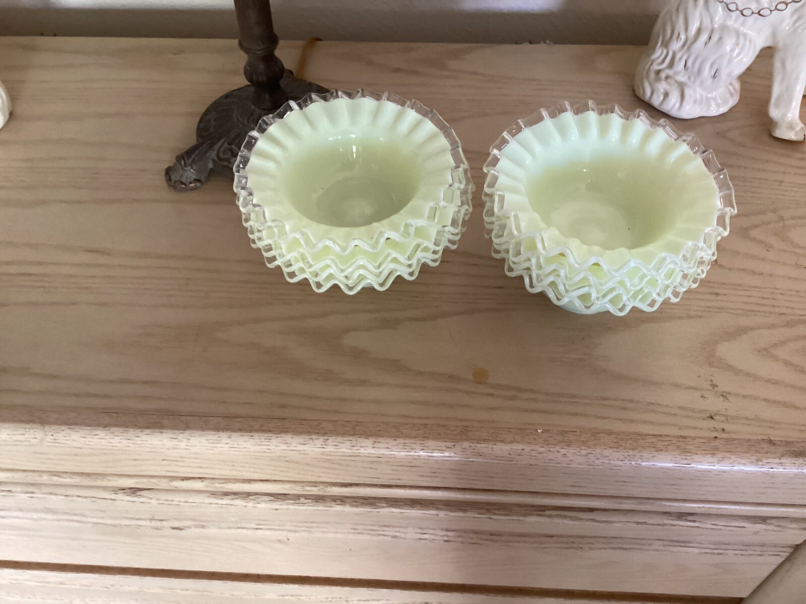 Fenton Glass Crested Opalescent Yellow /Green Pastel Milk Glass Bowls