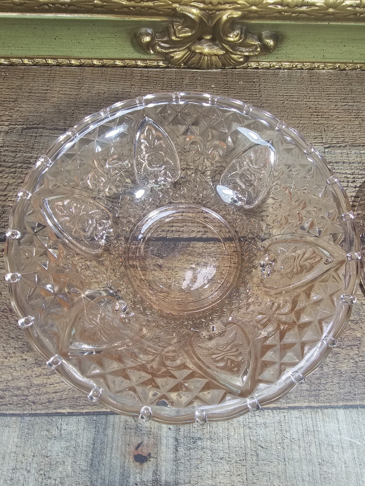 Vtg KIG Malaysia Pink Depression Glass Footed Candy Dish Heart & Rose Pattern