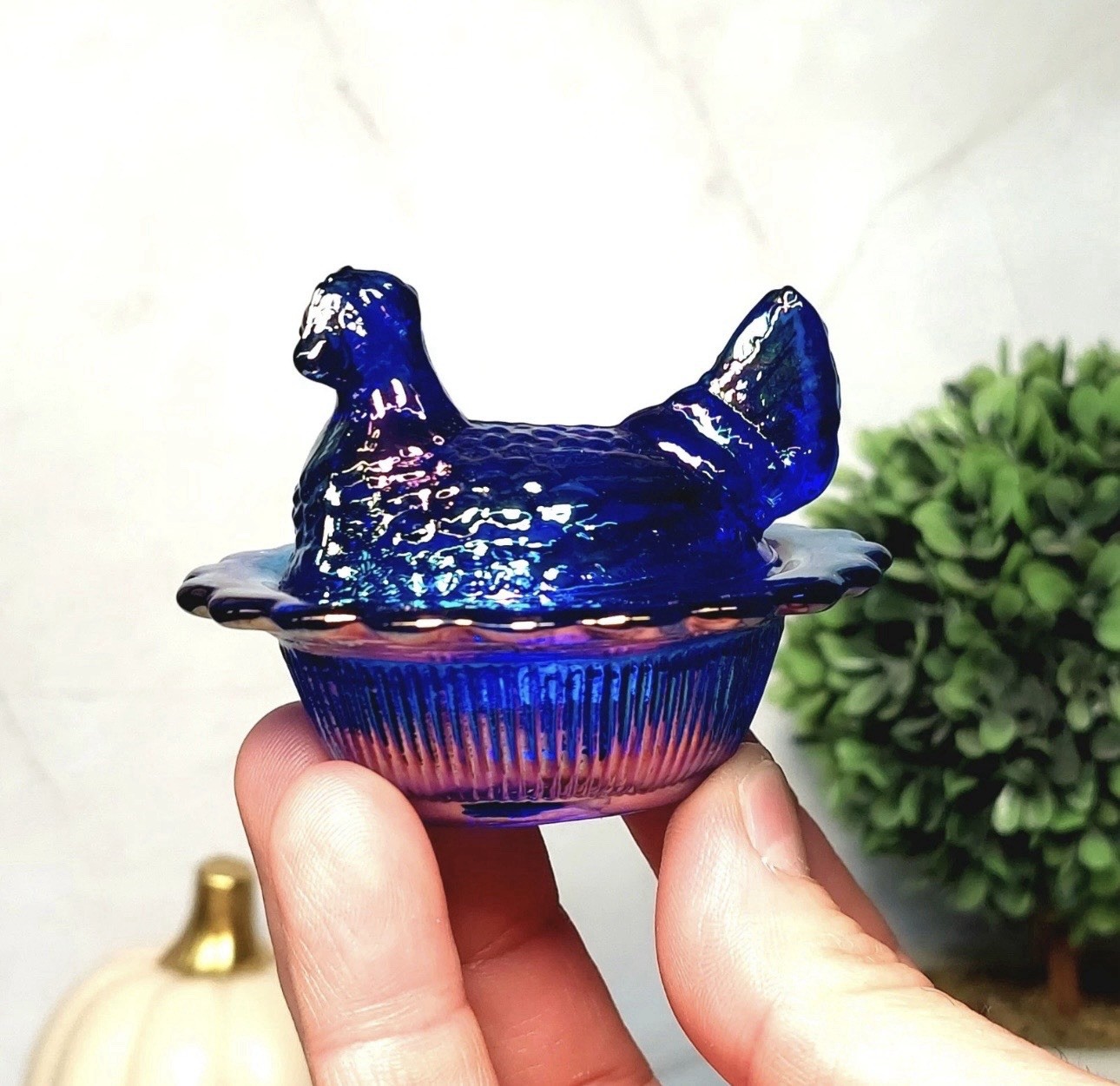 Mosser Cobalt Blue Carnival Glass Hen on Nest Salt Dish, Mini Chicken, VTG Style