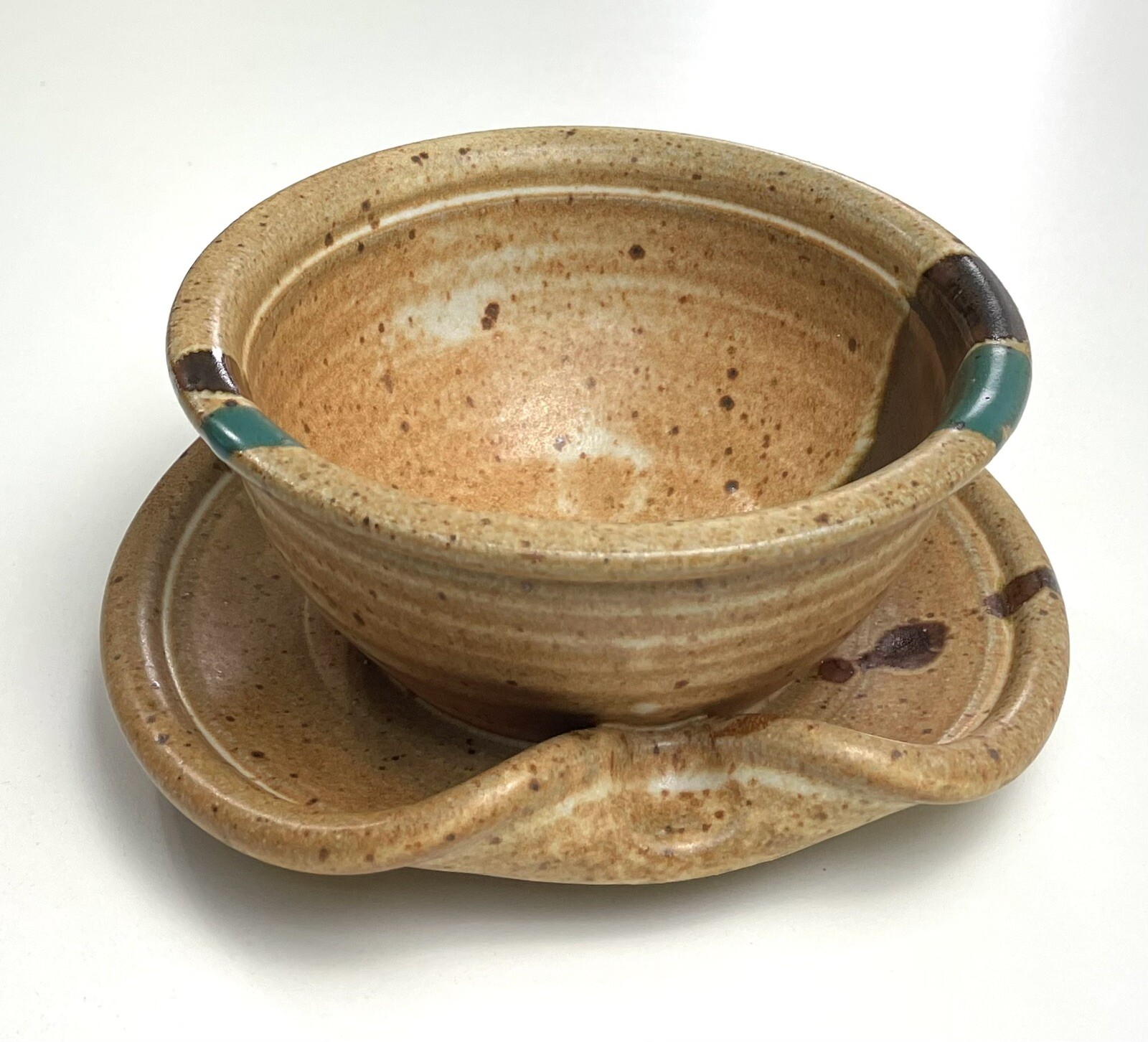 Vintage Drip Glaze Pottery Bowl with Attached Plate Signed