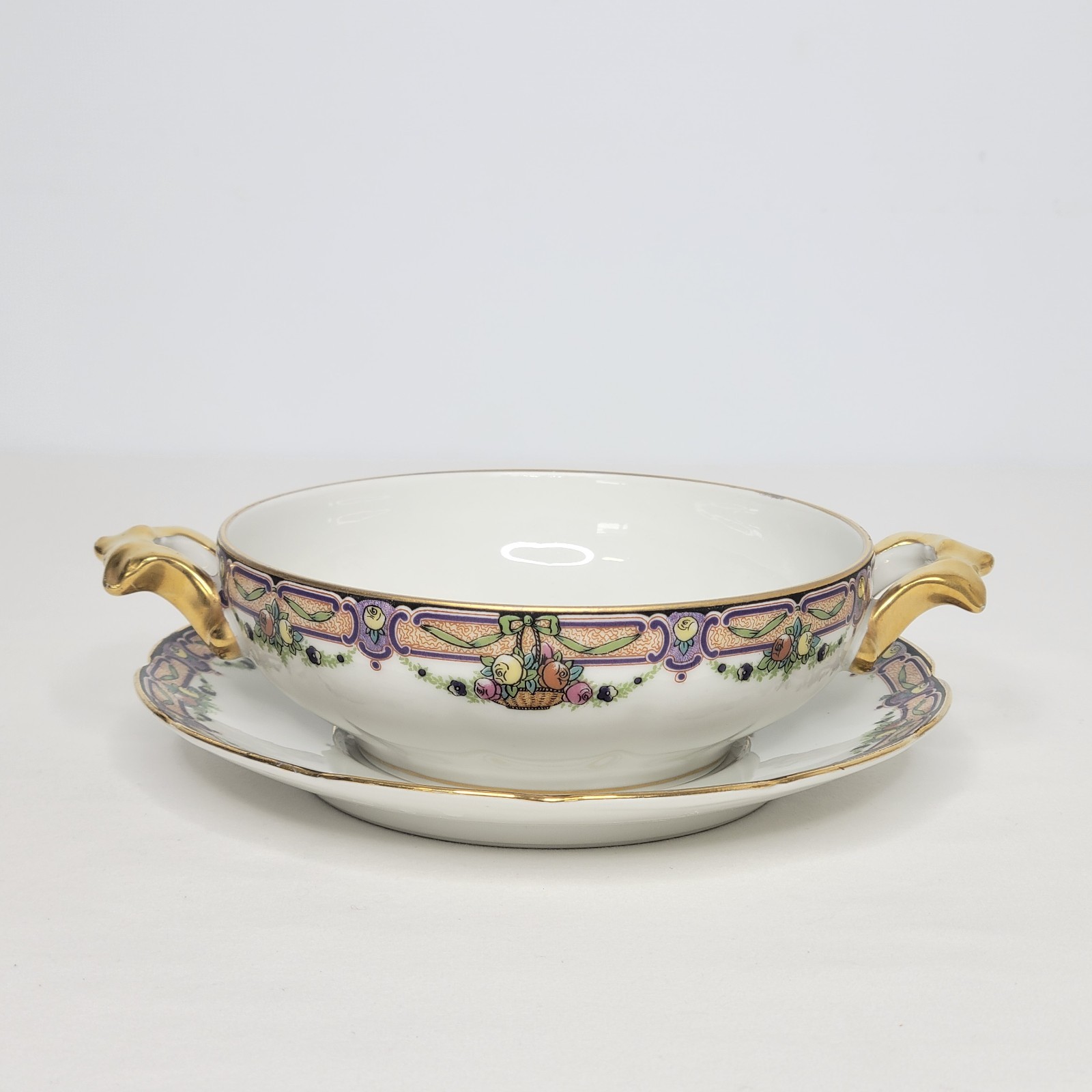 Set of 6 WG & Co Limoges France Floral Porcelain Cream Soup Bowls and Saucers