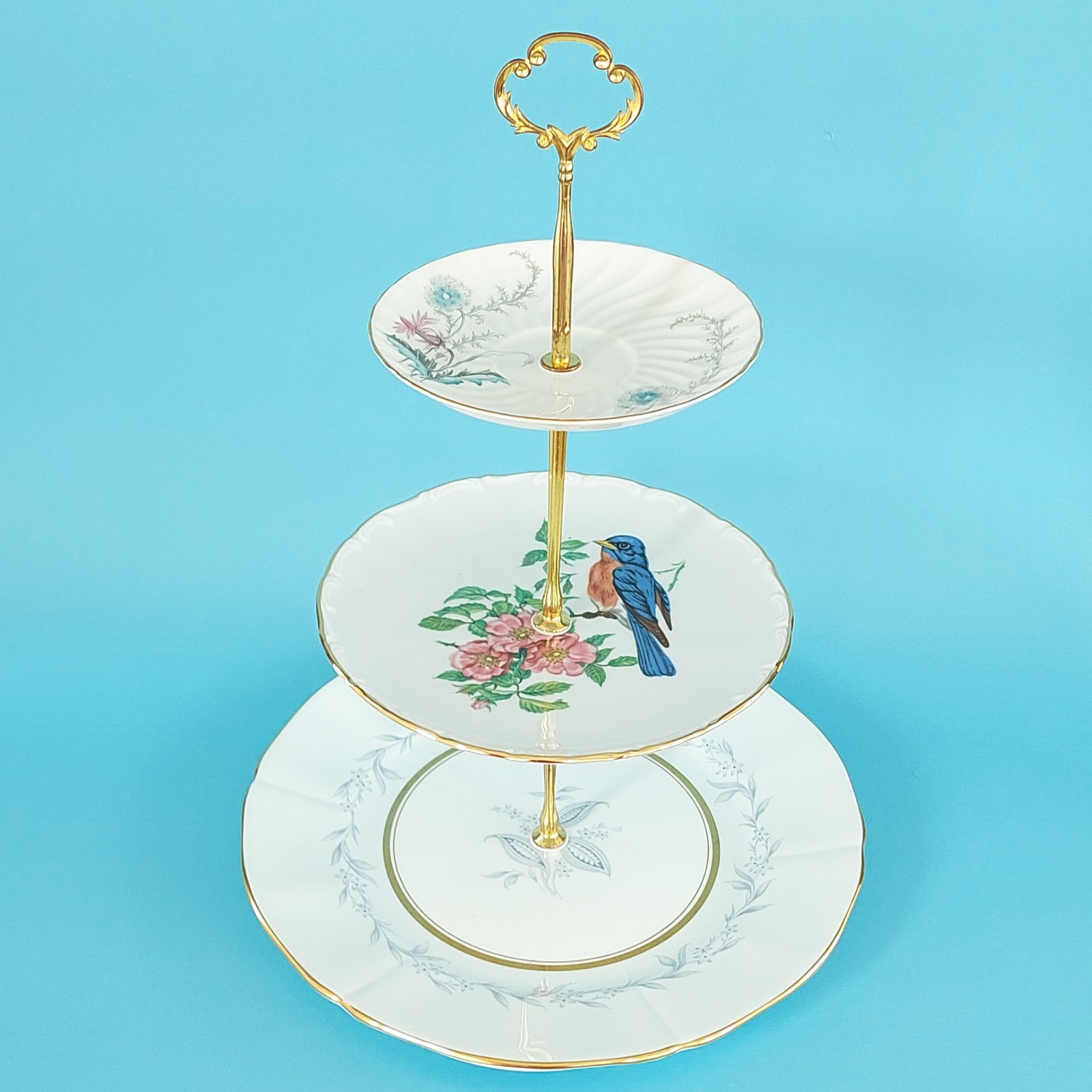 Vintage 3 Tier Cake Stand Bone China Porcelain Bluebird Floral Afternoon Tea