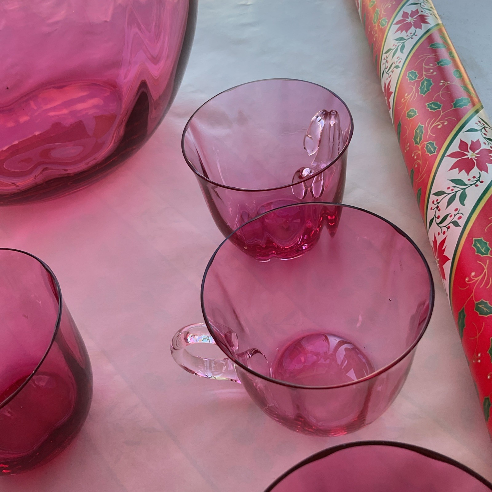 Antique Cranberry Pink Glass Punch Bowl Set w/ 10 Handled Cups Pilgrim Optic