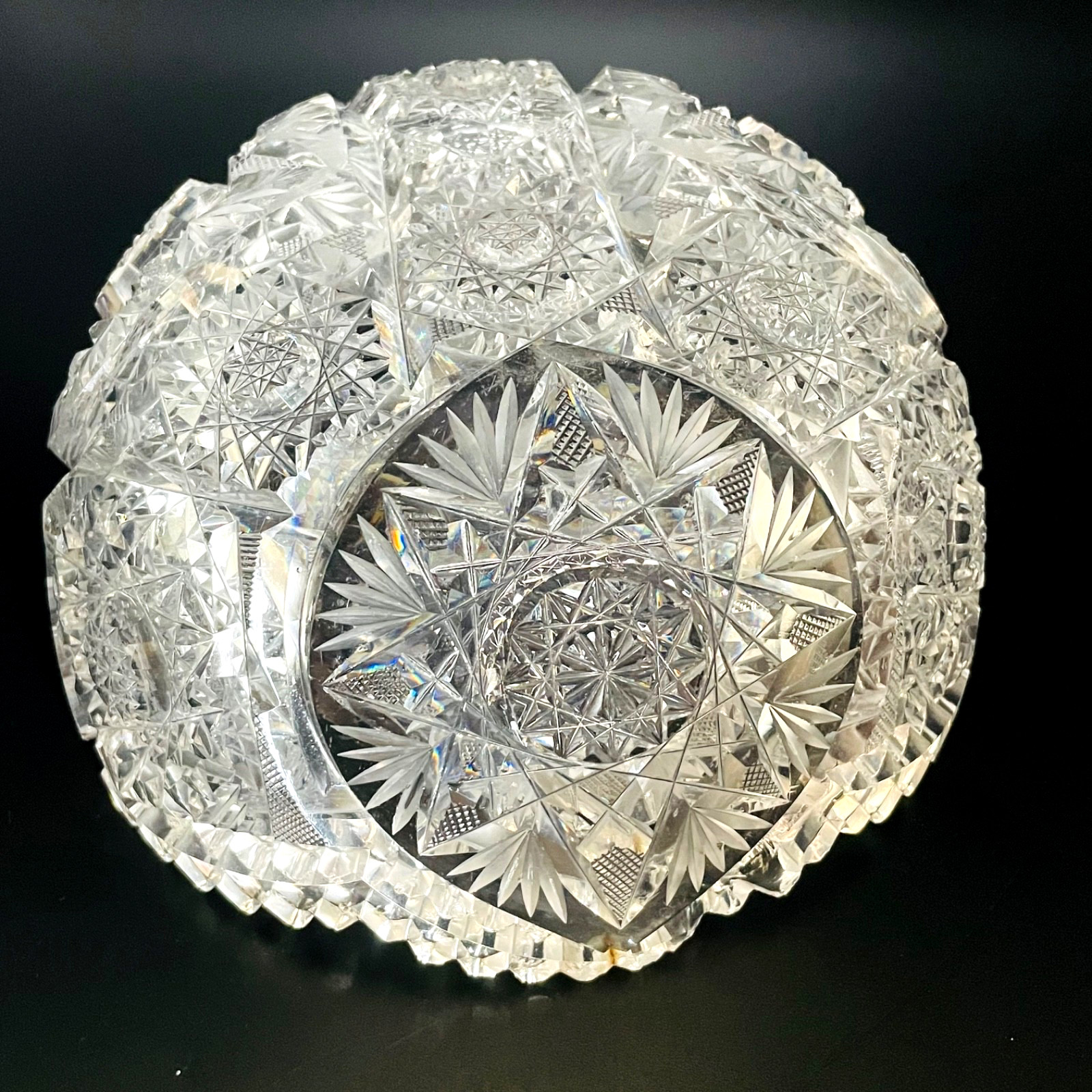 American Brilliant Cut Antique Sawtooth Scalloped Edge Lead Glass Star Bowl 8”