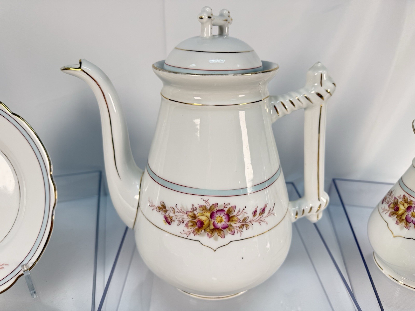 Antique KPM Waldenburg German Porcelain Coffee Tea Set 25pc Branch Handle Rose