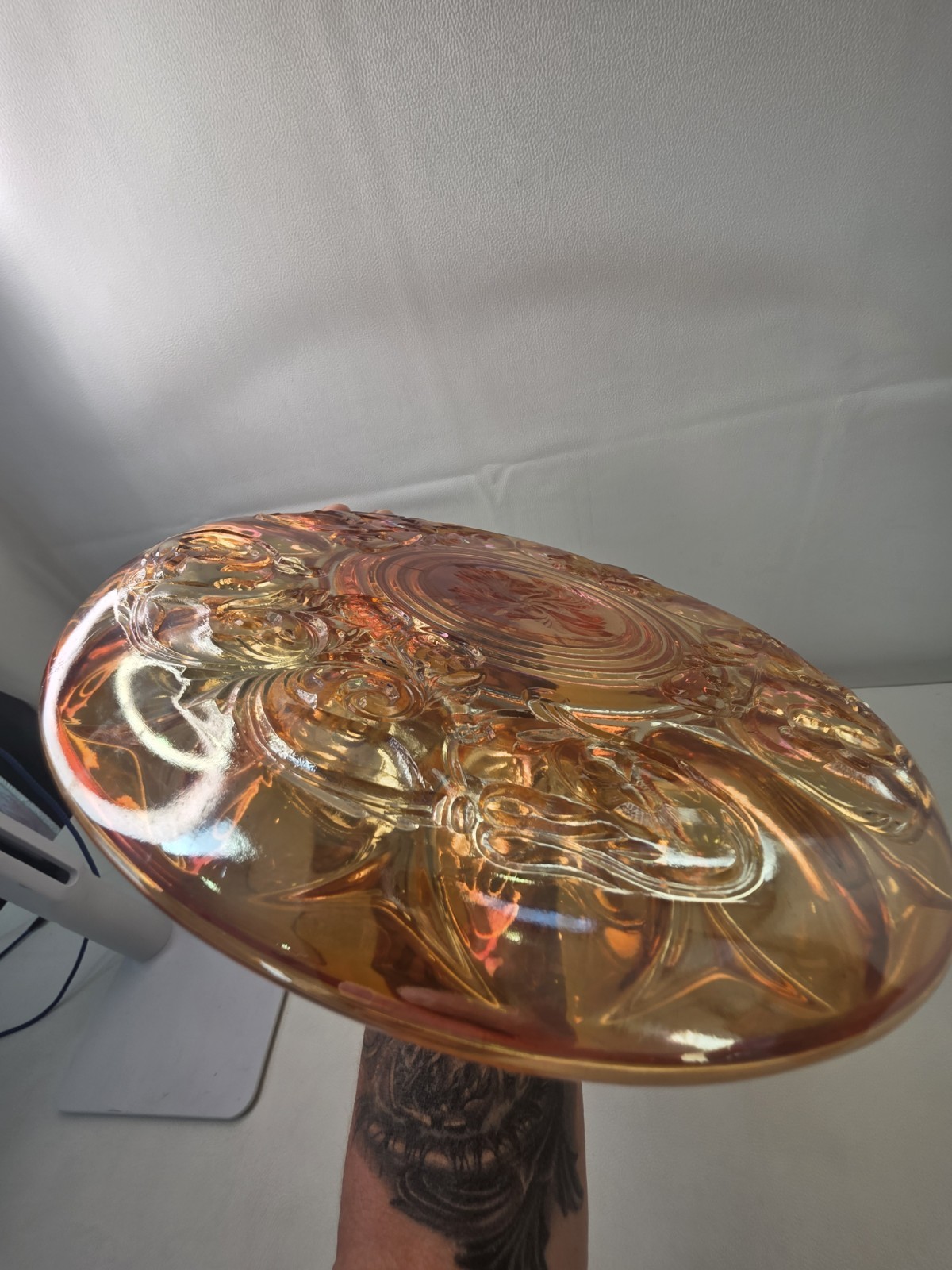 McKee Rock Crystal Marigold Carnival Glass Deviled Egg Plate 15 Well 11.5″