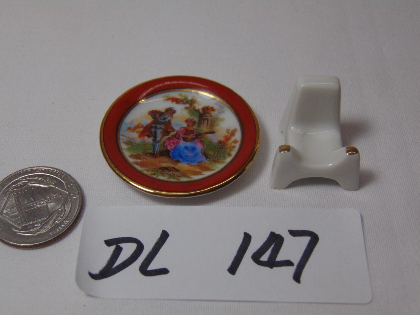 Vintage Old Limoges Gold Ring Mini Plate with Stand France Man & Woman Music