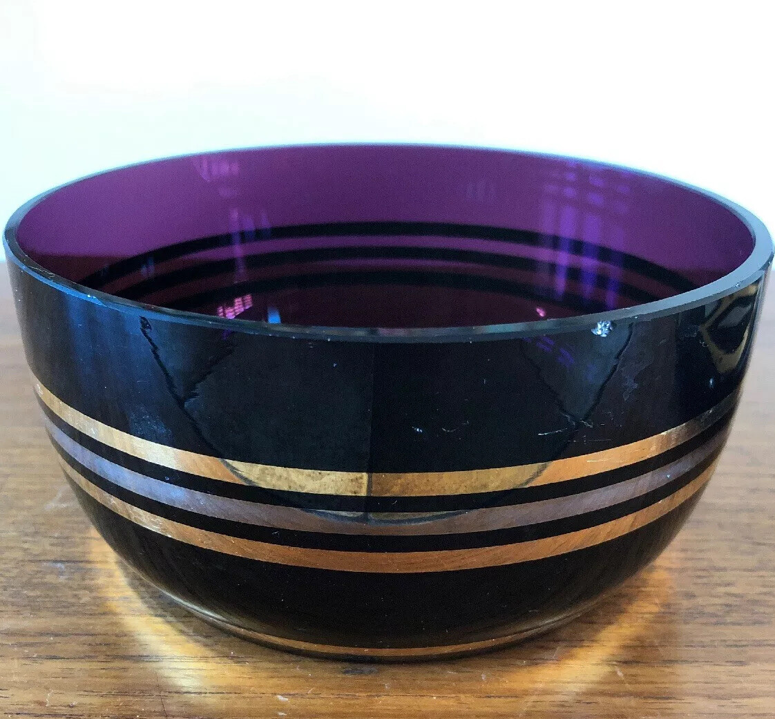 Vintage 1950s Bohemia Czech Purple Amethyst Glass Candy Dish W/ Lid Silver Gold