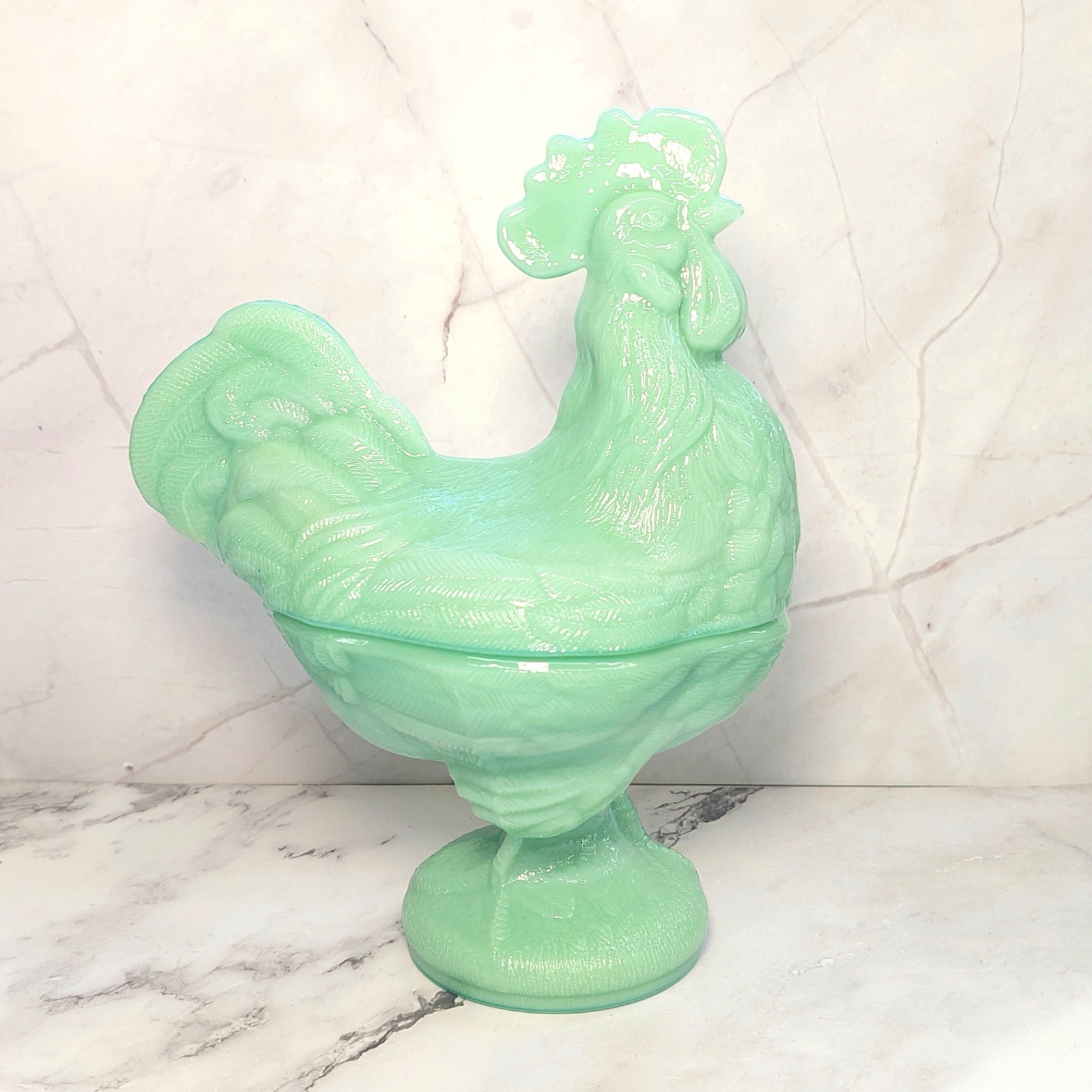 Green Jadeite Depression Style Glass Rooster Chicken Candy Dish, Hen on Nest