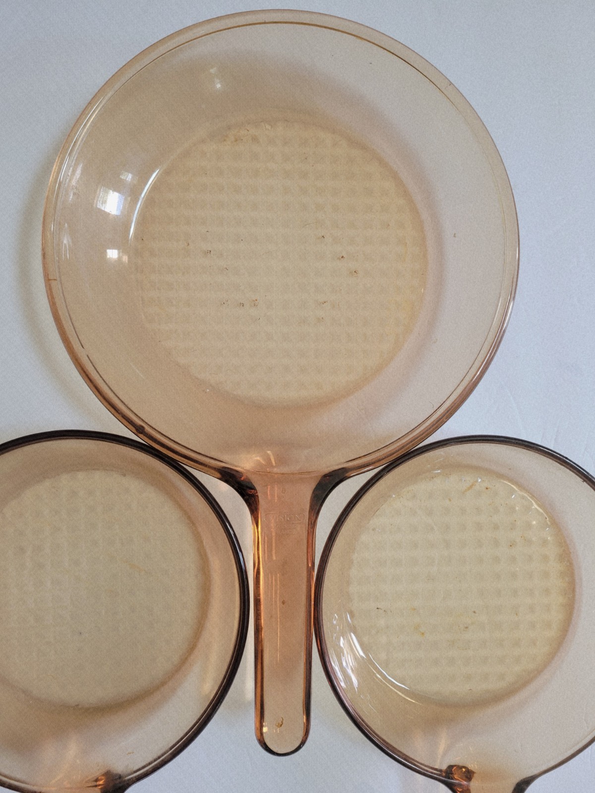 Set of 3 Corning France Vision Amber (1) 10″ & (2) 7″ Fry Pans Waffle Bottom