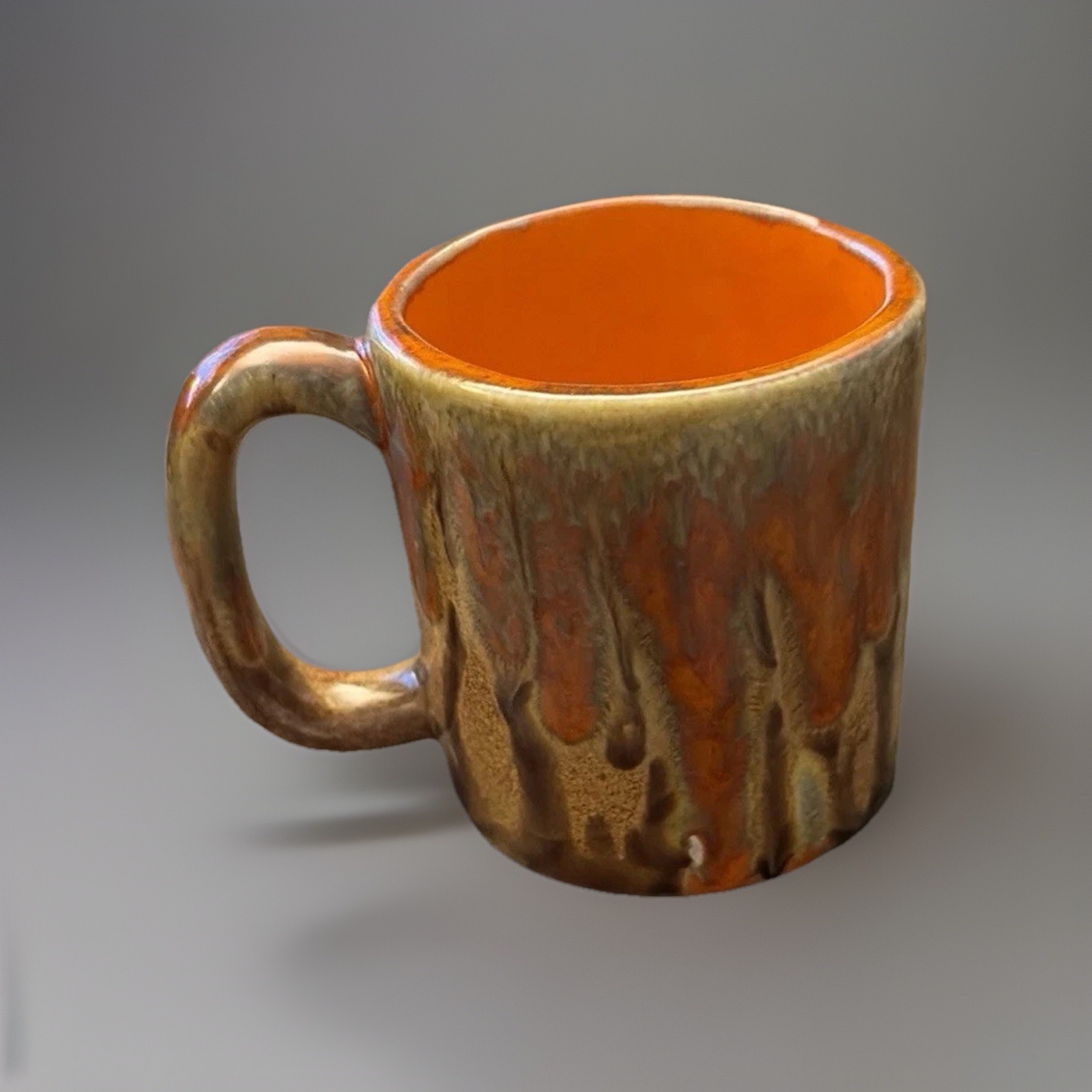 Handmade Stoneware Coffee Mug Brown Green Orange Signed by Artist Drip Pattern