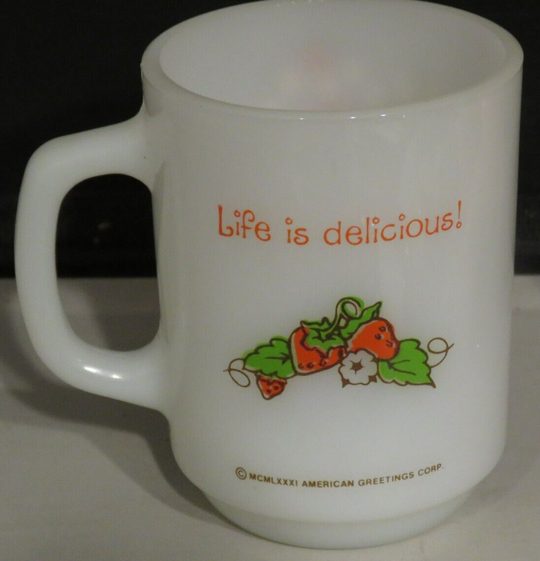 Vintage Fire King Milk Glass Strawberry Shortcake Mug Life Is Delicious