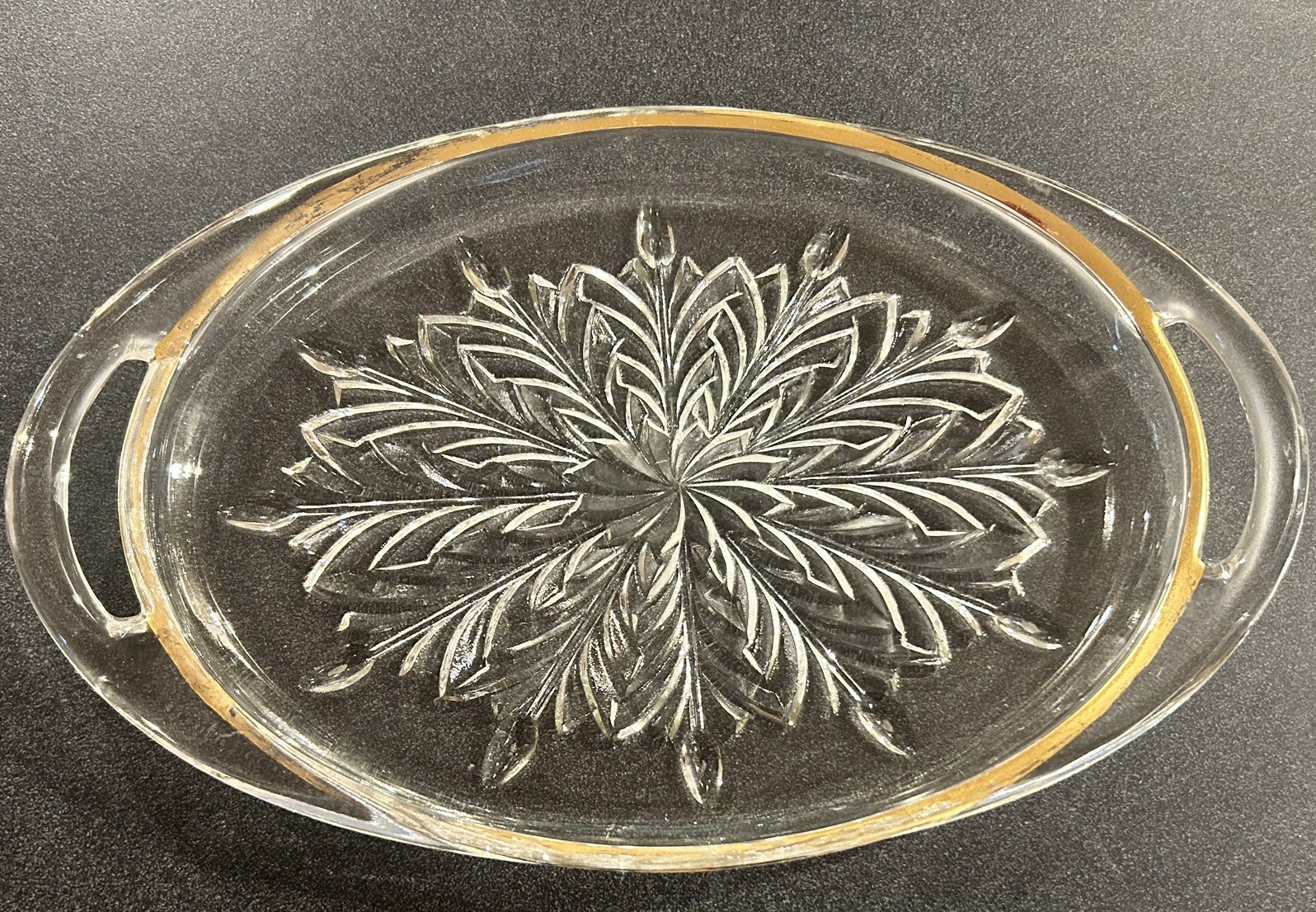 Vintage Jeanette Feather Pattern Gold Trim Edge Oval Glass relish tray