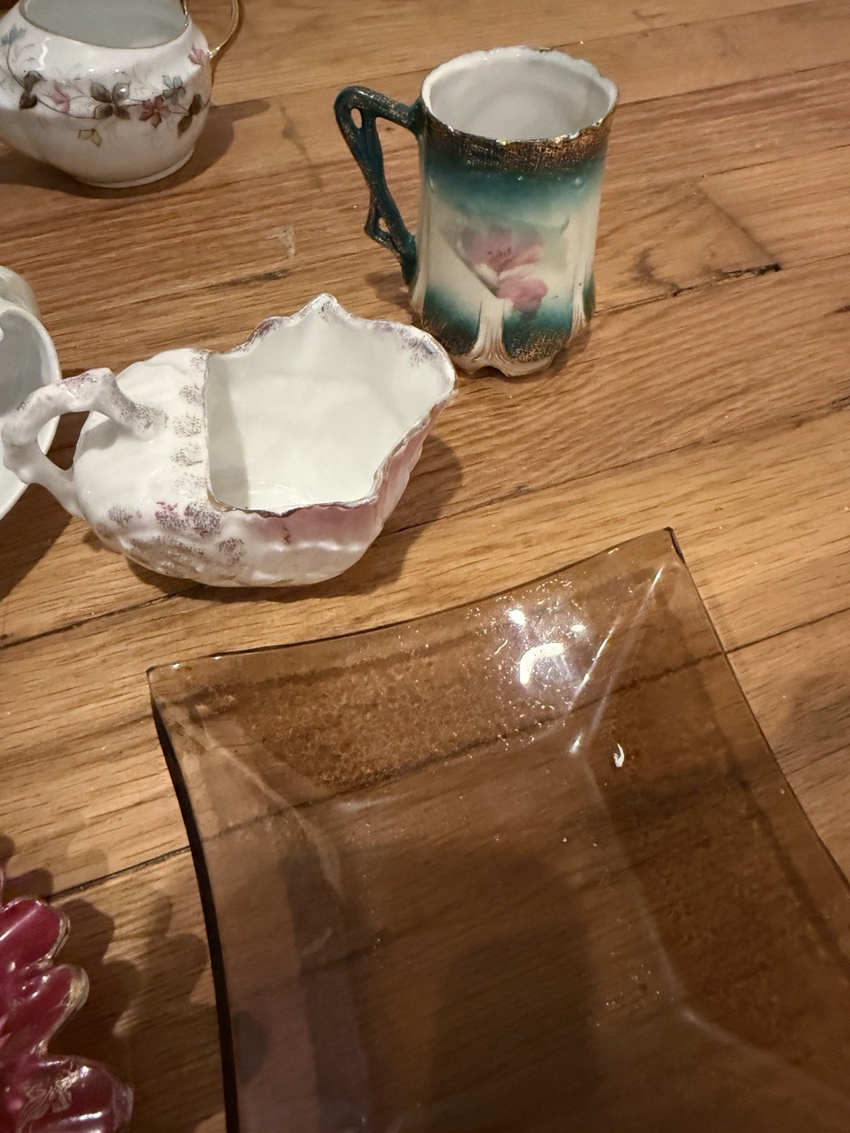 Lot of Porcelain Dishes, Floral Leaf-Shaped, Glass Decorative White, Pink, Green