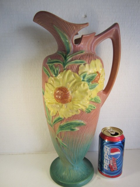 VTG Roseville PEONY Pottery Pink To Green 9-15″ Large Handled Ewer Pitcher