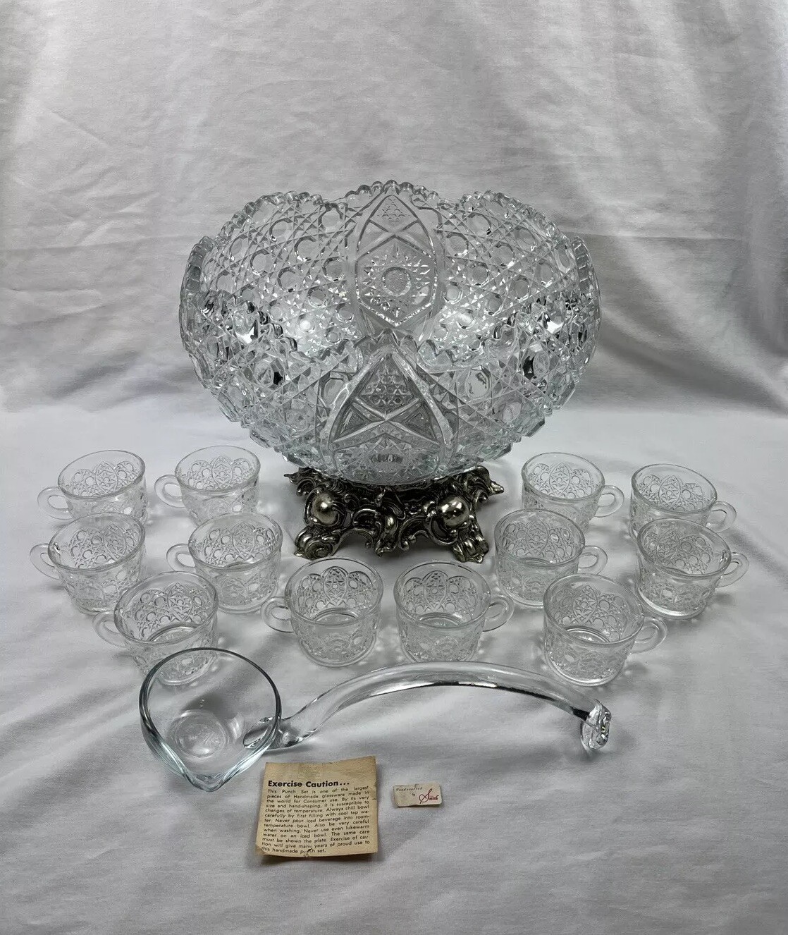 L.E.. Smith Daisy Button Punch Bowl Cup Set W/ Metal Stand Vintage MCM 1950s