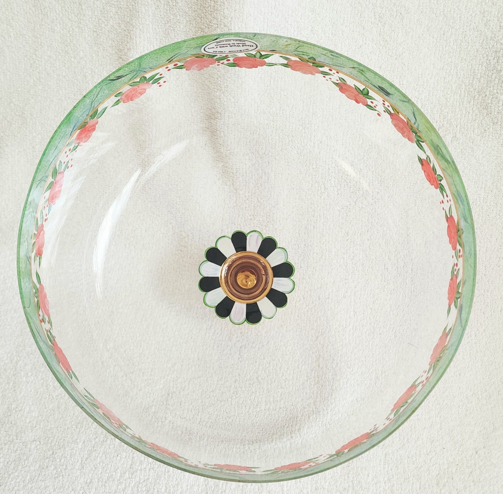 Mackenzie Childs Heirloom Glass Cake Dome Faux Marbling & Flowers NIB