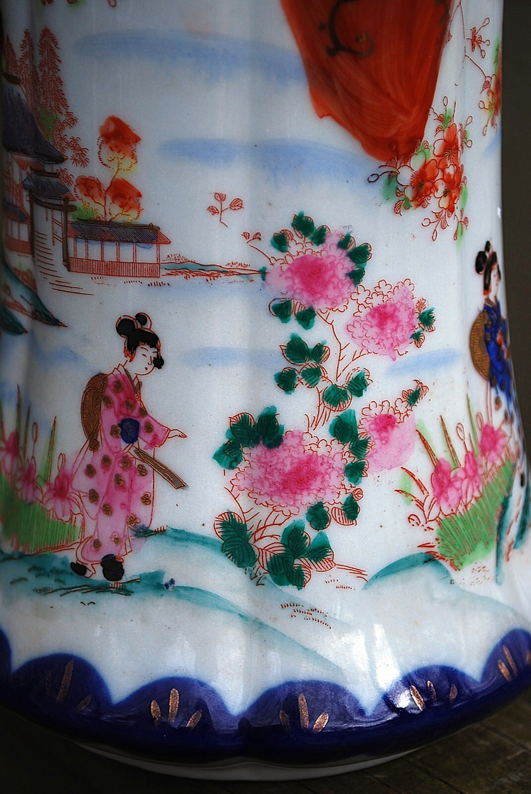 Antique Hand Painted Porcelain JAPANESE GEISHA SCENE Chocolate Pot w/ Lid COBALT