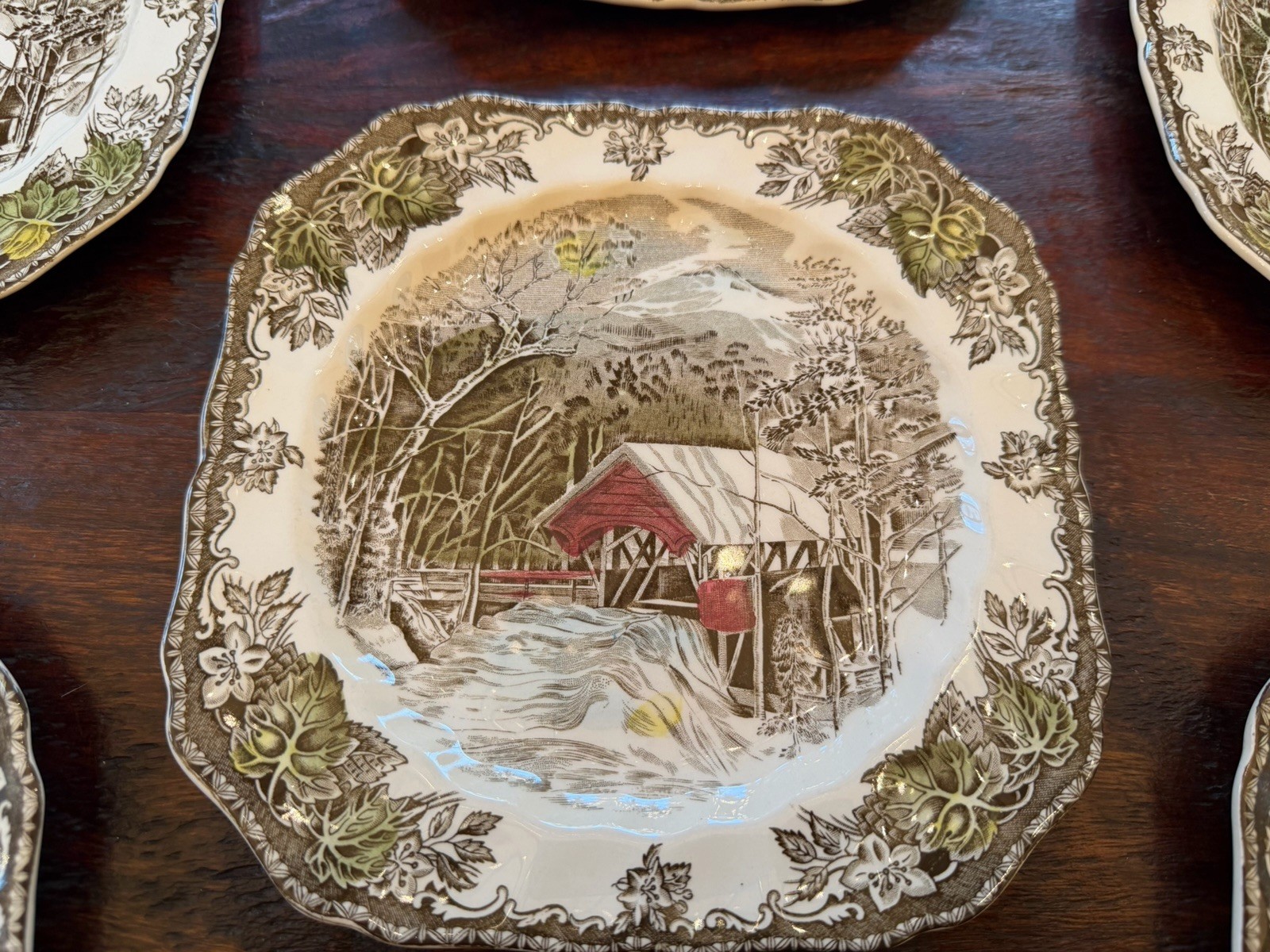 Lot Of 7 Johnson Bros The Friendly Village Square Salad Plates Covered Bridge