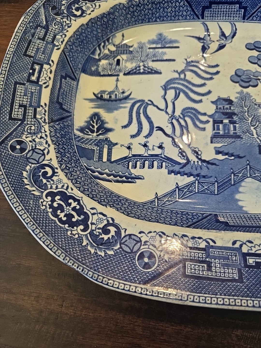 Blue Willow Oval 15.5 X 12.5In Oval Platter Very Old Plate imperfections