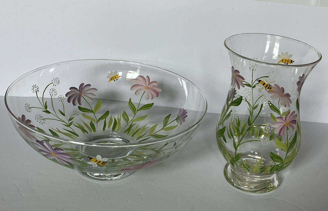Hand Blown And Painted 9 Inch Glass Bowl And 6.5” Vase Floral And Bees