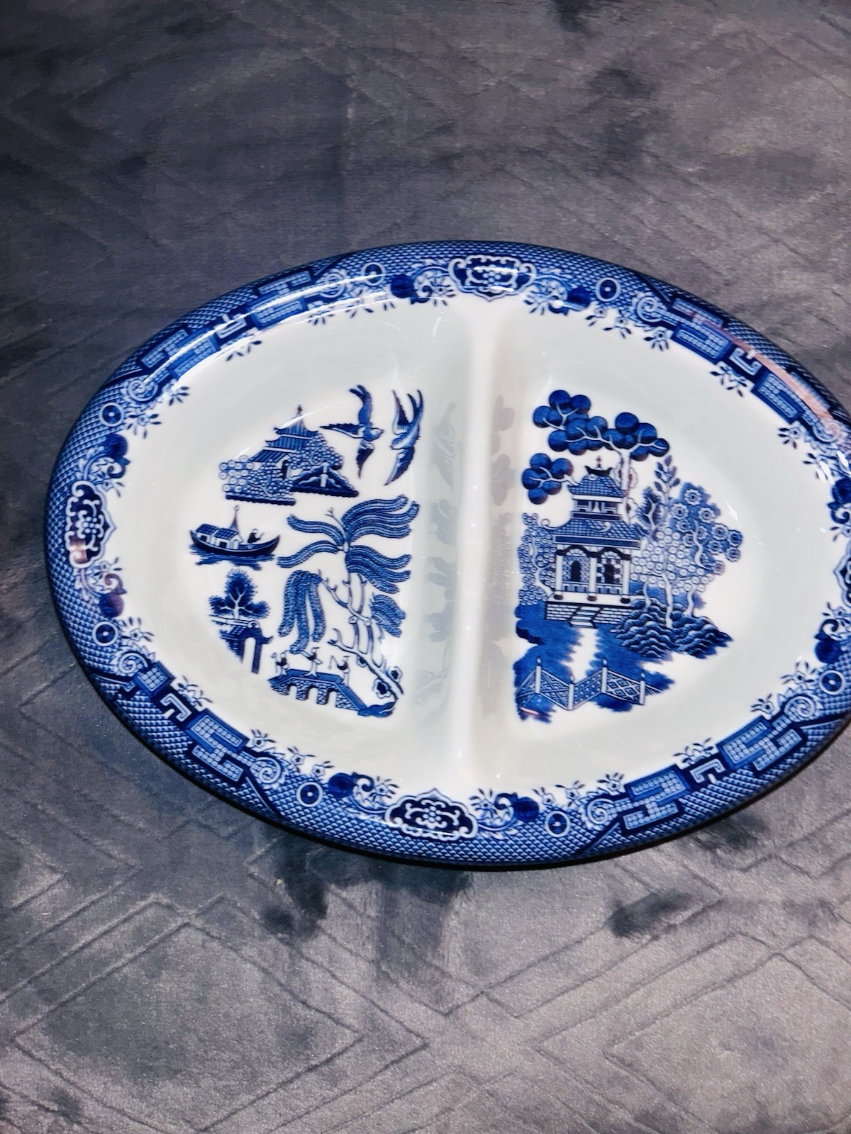 Vintage Churchill Of England Blue & Pink Willow Oval Divided Serving Dishes