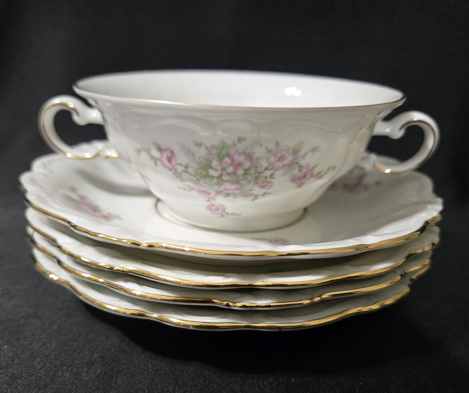 MINT Johann Haviland Bridal Rose Bavaria 1 Dbl Handled Cup + 4 Saucer Pink Roses