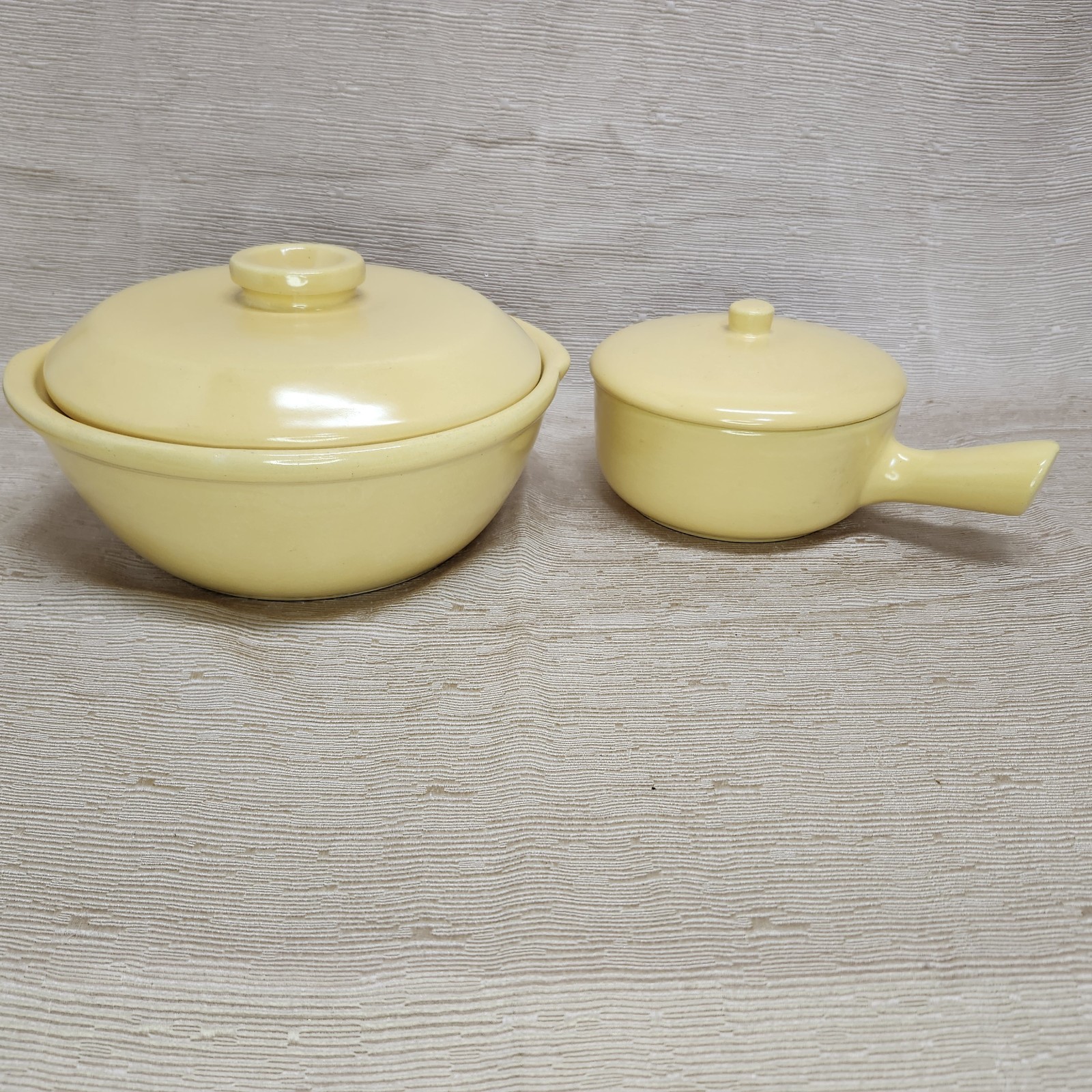 La Solana Pottery Stoneware Covered Casserole Dish & Saucepan Yellow Vintage MCM