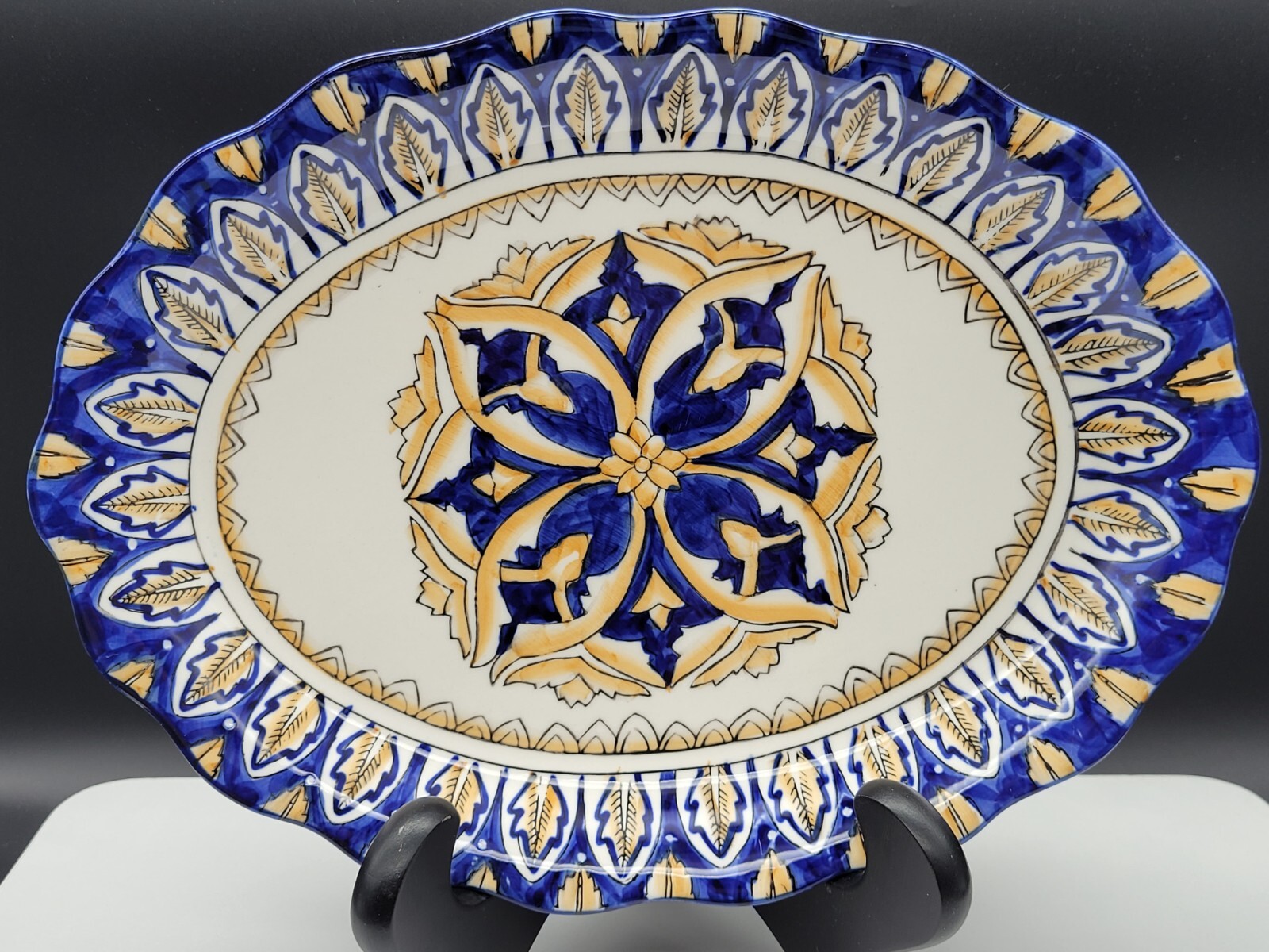 I. Godinger Italian Platter Scalloped Oval Cobalt Blue and Yellow 11.5″