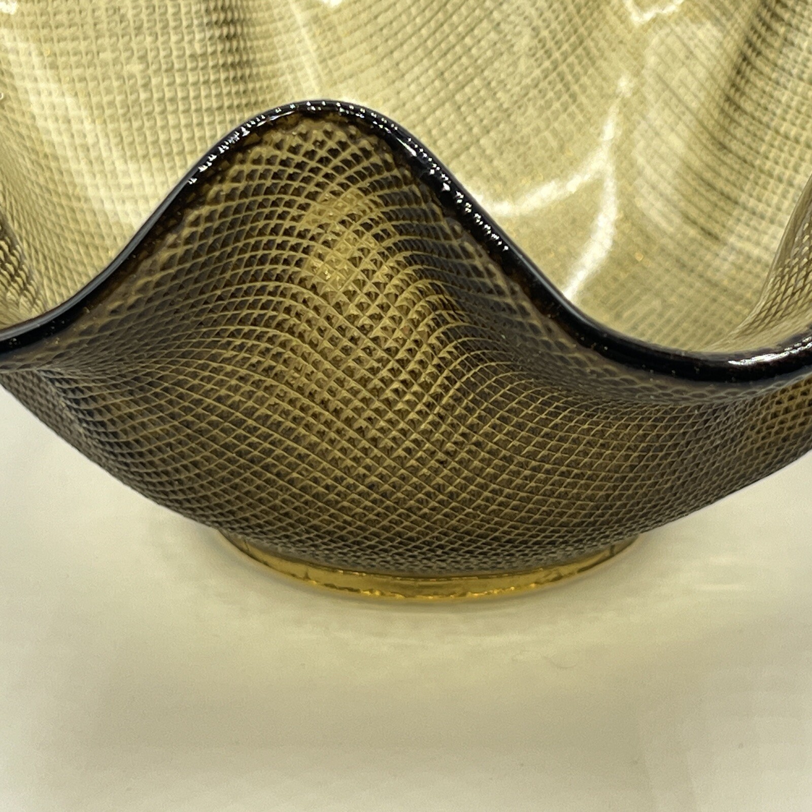 Vintage Bronze (varies) Made In Italy Waffle Crimped Ruffle Glass Bowl 9”