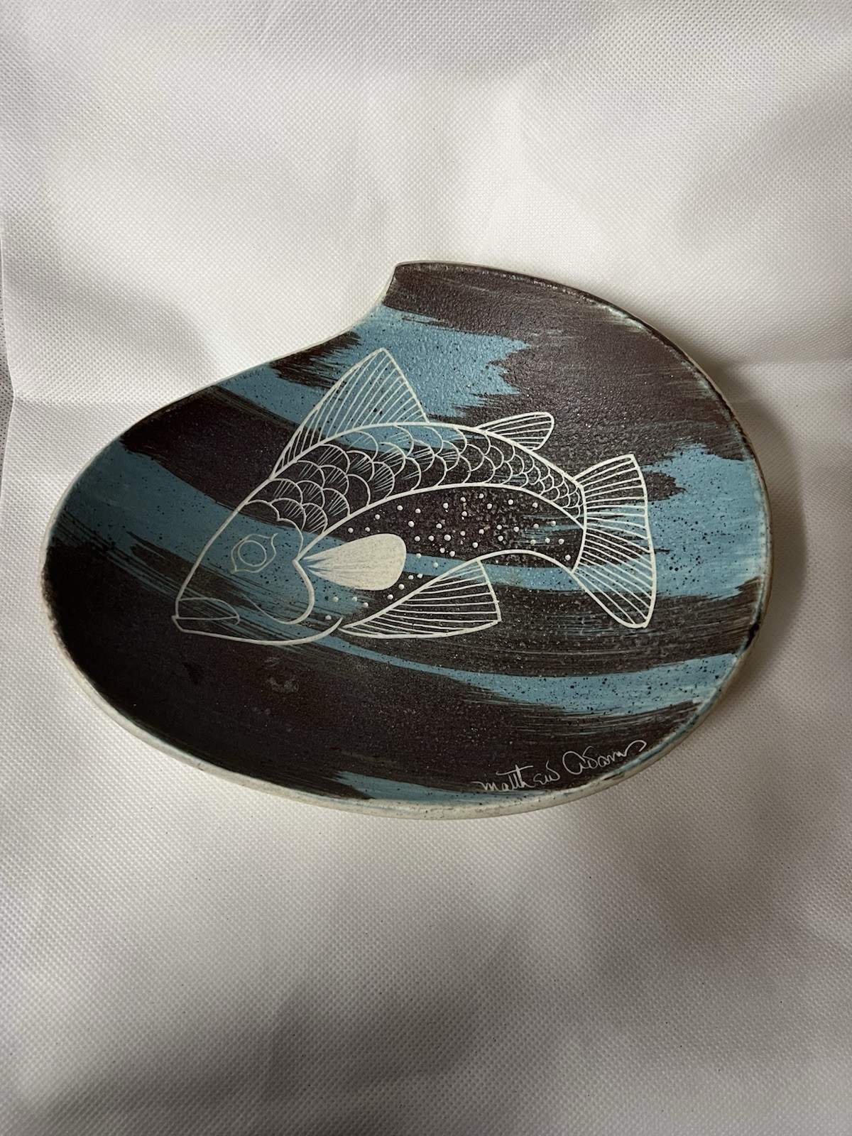 Vintage Asymmetrical Decorative Bowl Signed Matthew Adams MCM Salmon Fish Design