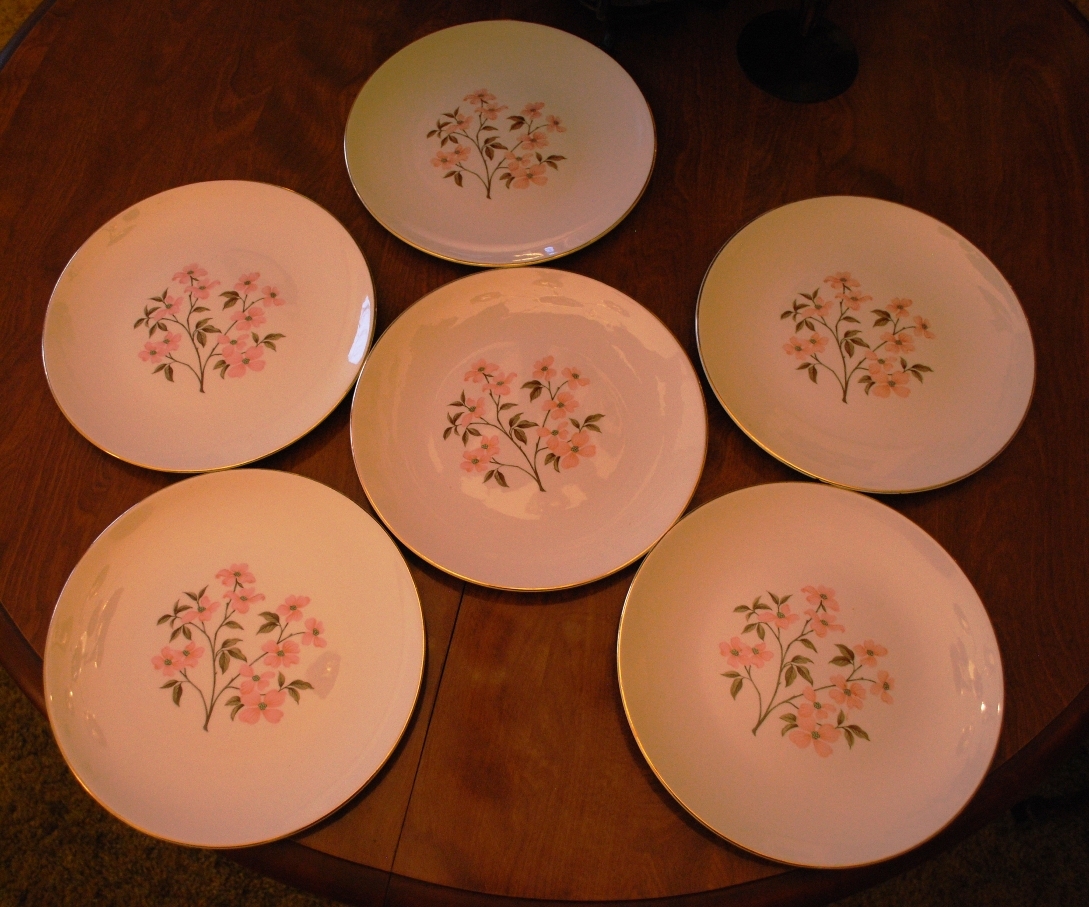 Vintage Set 6 Knowles China PINK DOGWOOD Dinner Plates Gold Rim ‘Kalla’ 1960s