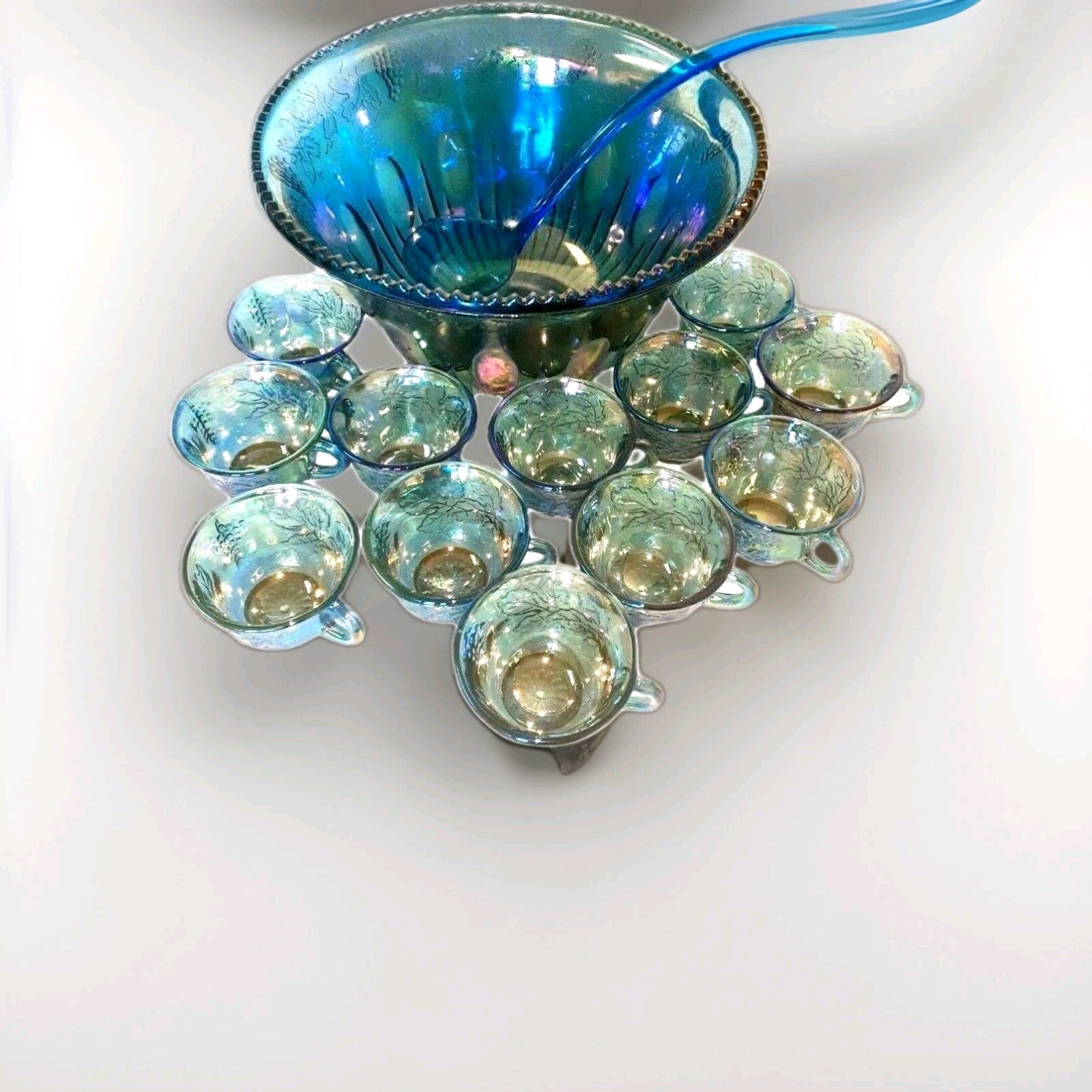 Vintage Indiana Glass Grape Harvest Punch Bowl Set Princess Blue Iridescent 14pc