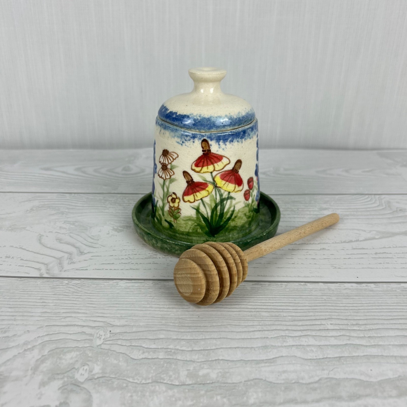 Handcrafted Ceramic Honey Pot Botanical Design Lid & Dipper Artist signed MDE
