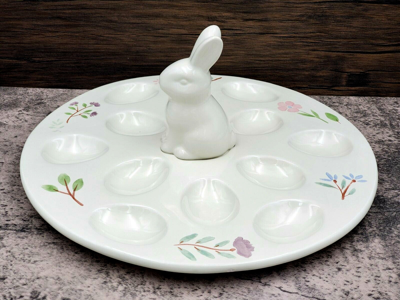 Holiday Home Simply Spring Ivory Rabbit Ceramic 13″ Devilled Egg Plate Floral