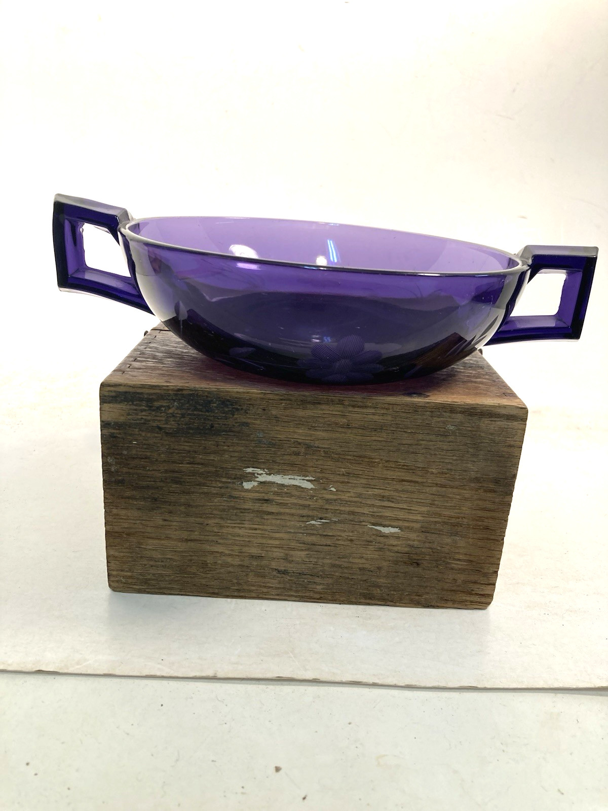 Vintage Glass candy Dish, Server, condiment, irradiated purple, etched floral