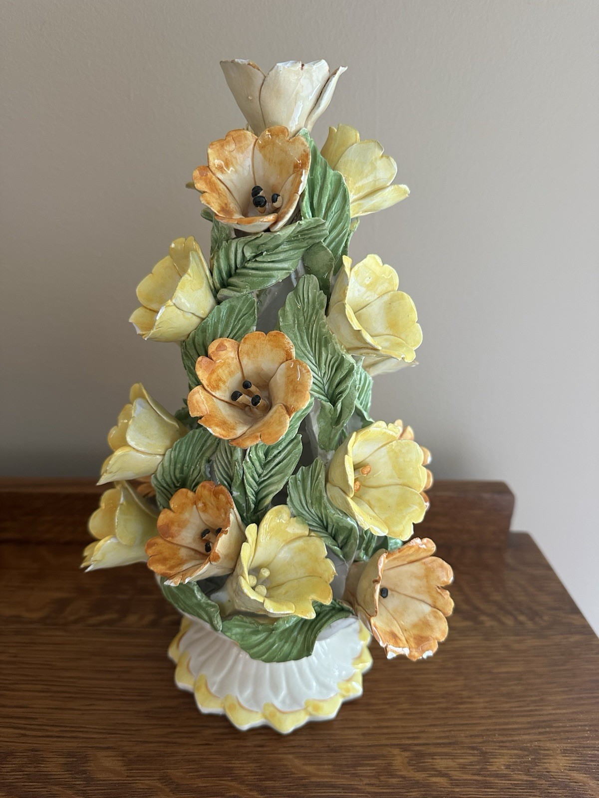 Vintage Capodimonte Italy Hand-Painted Yellow & Orange Flower Centerpiece