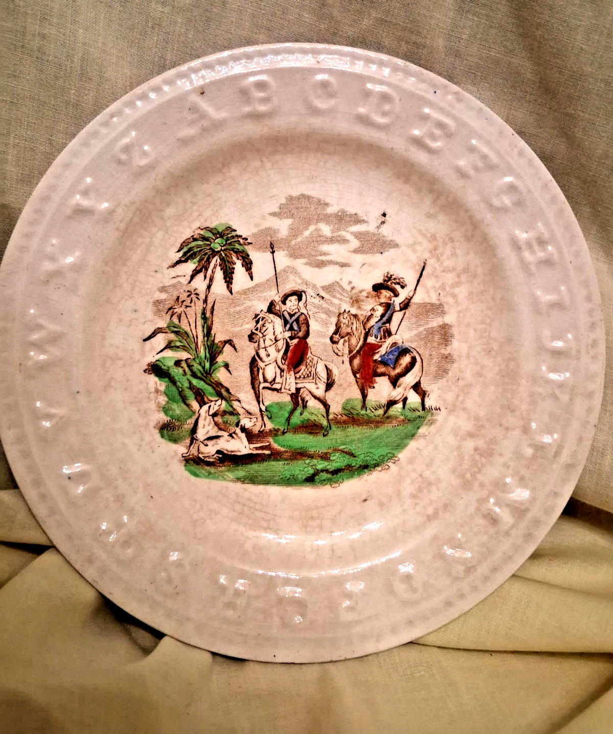 RARE~Antique 1800s Charles Allerton And Sons Child’s ABCs Plate~2 Men on Horses