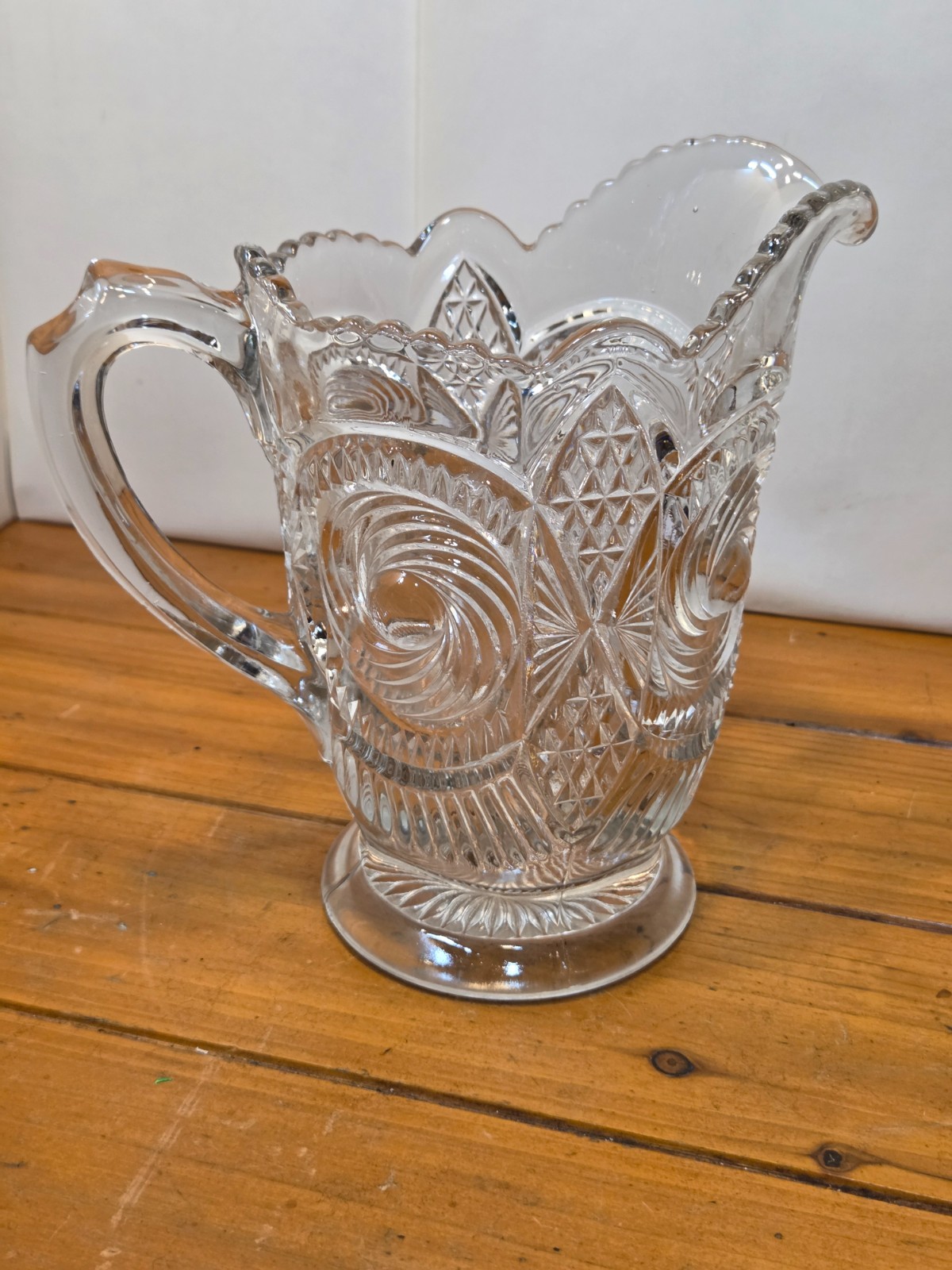 Antique EAPG US Glass Co Water Pitcher Diamond Swirl Zippered Bullseye