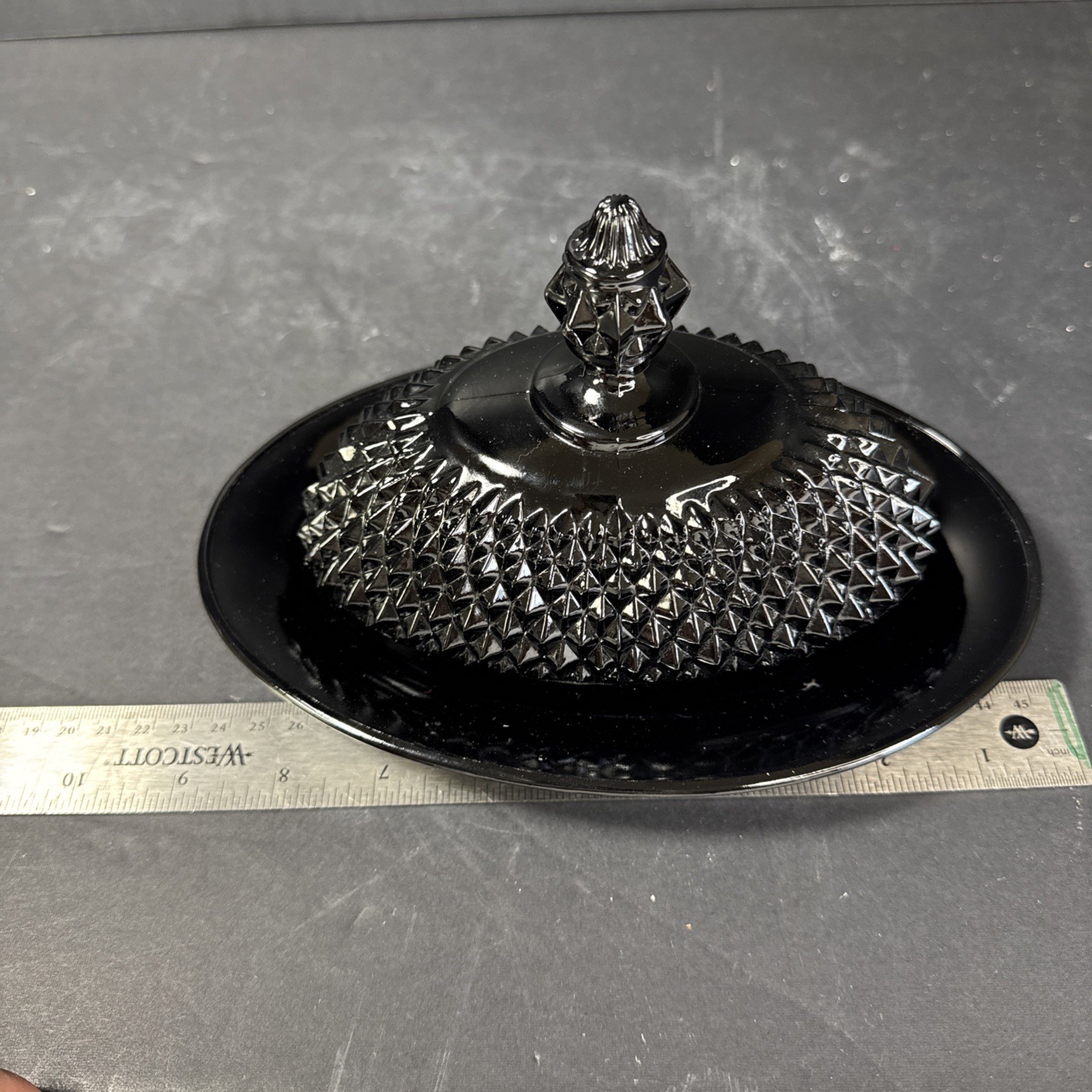 VINTAGE INDIAN BLACK AMETHYST GLASS, DIAMOND CUT, VAL COVERED BUTTER DISH