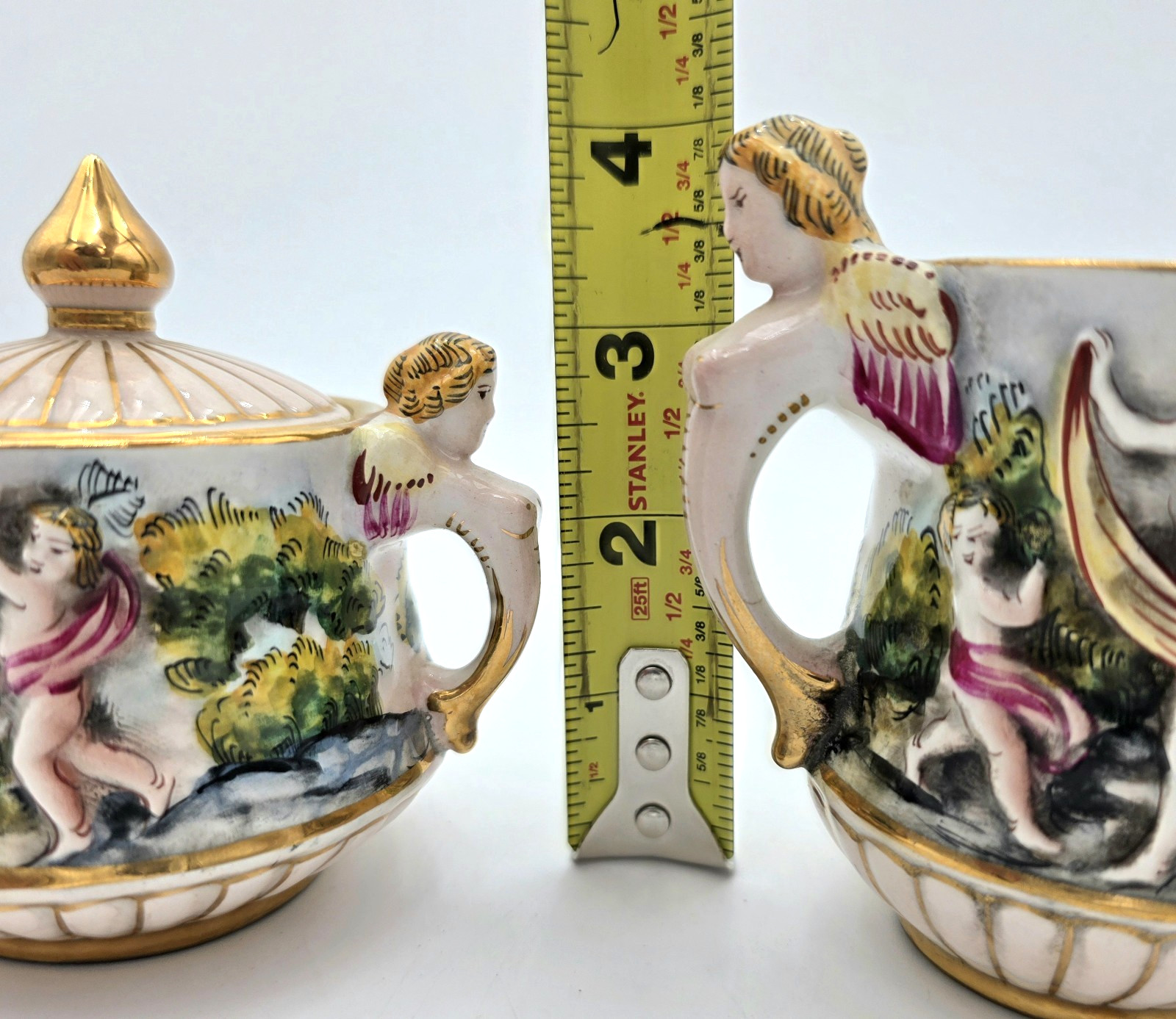 Capodimonte Cherub Sugar Bowl Creamer Set Gold Gilt Italy Porcelain VTG