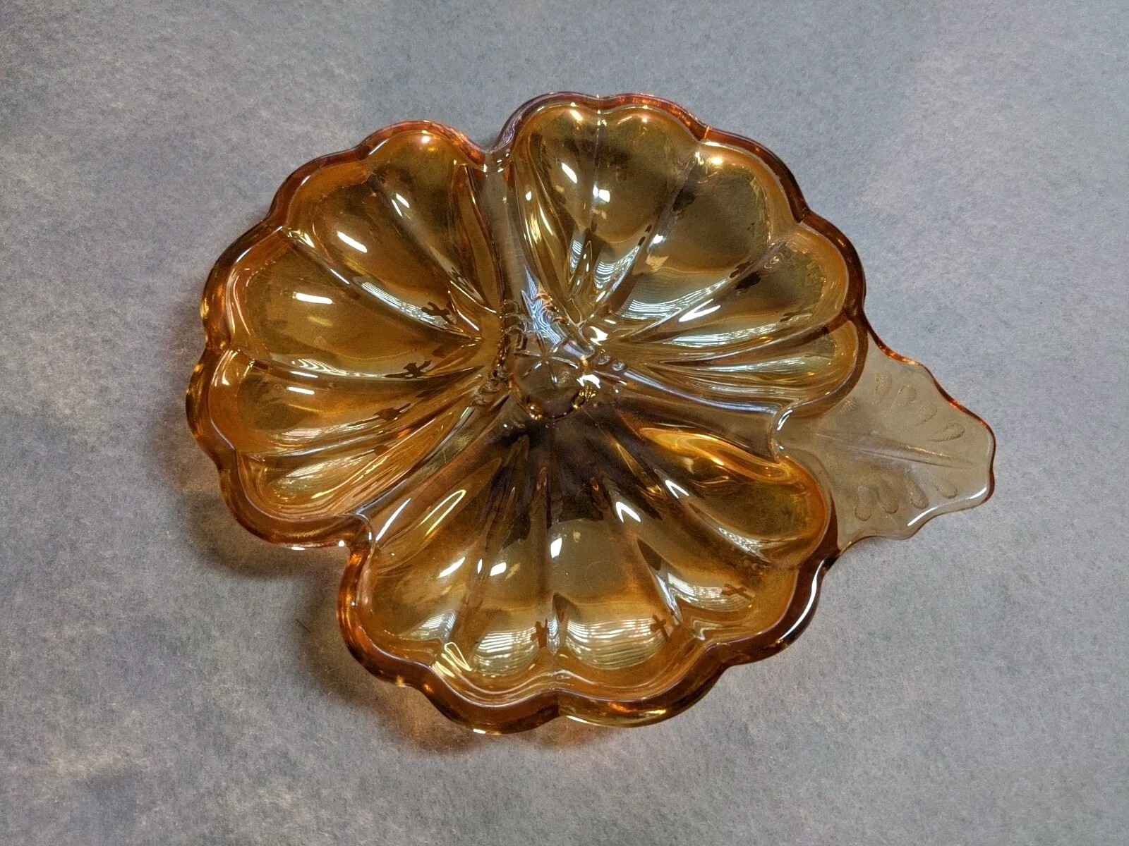 Vintage Amber Marigold Carnival Glass 3 Section Flower Leaf Candy Nut Dish