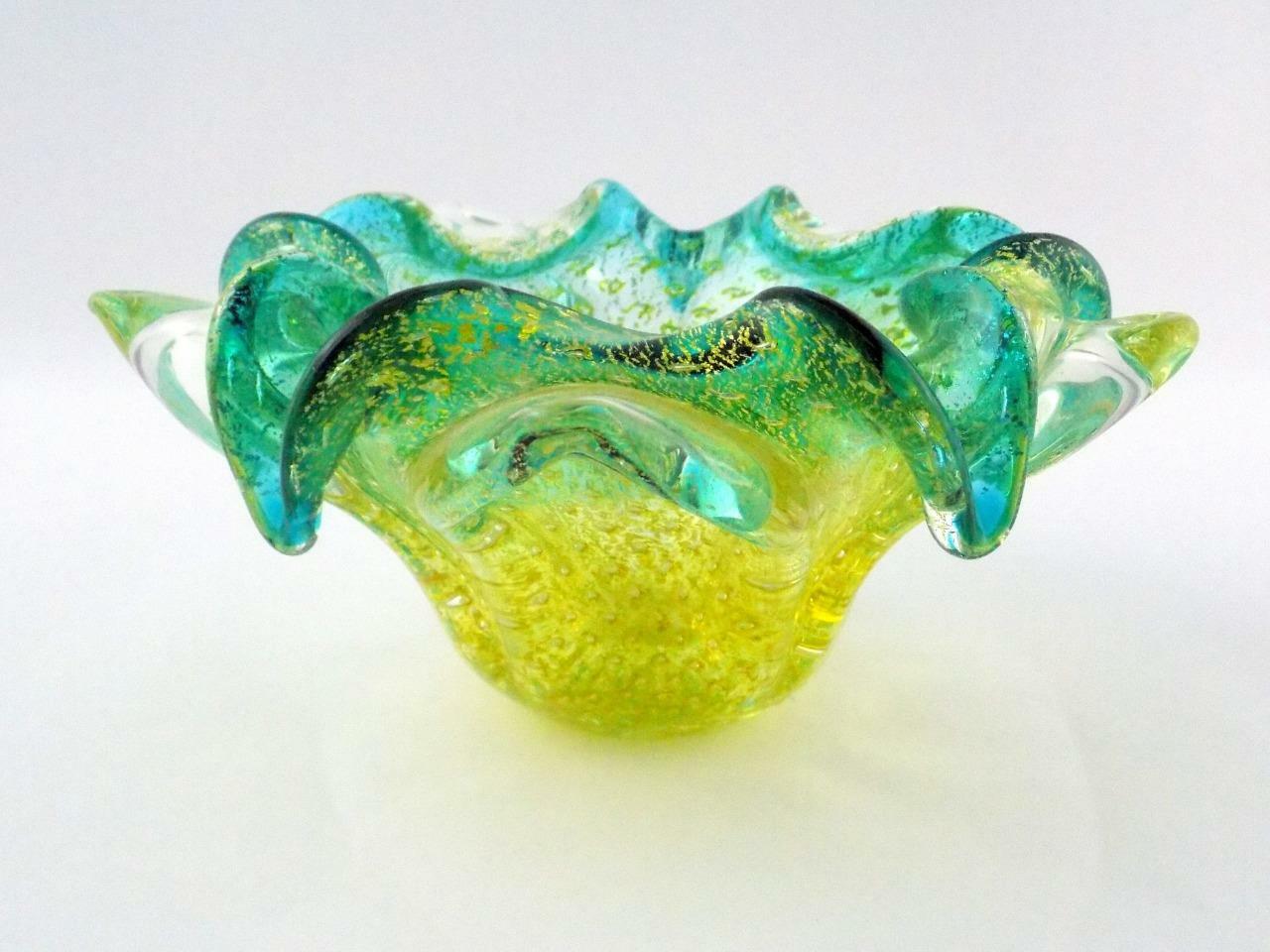 Italian Art Glass Polished Base Controlled Bubble Flower Bowl Green Blue V GOOD
