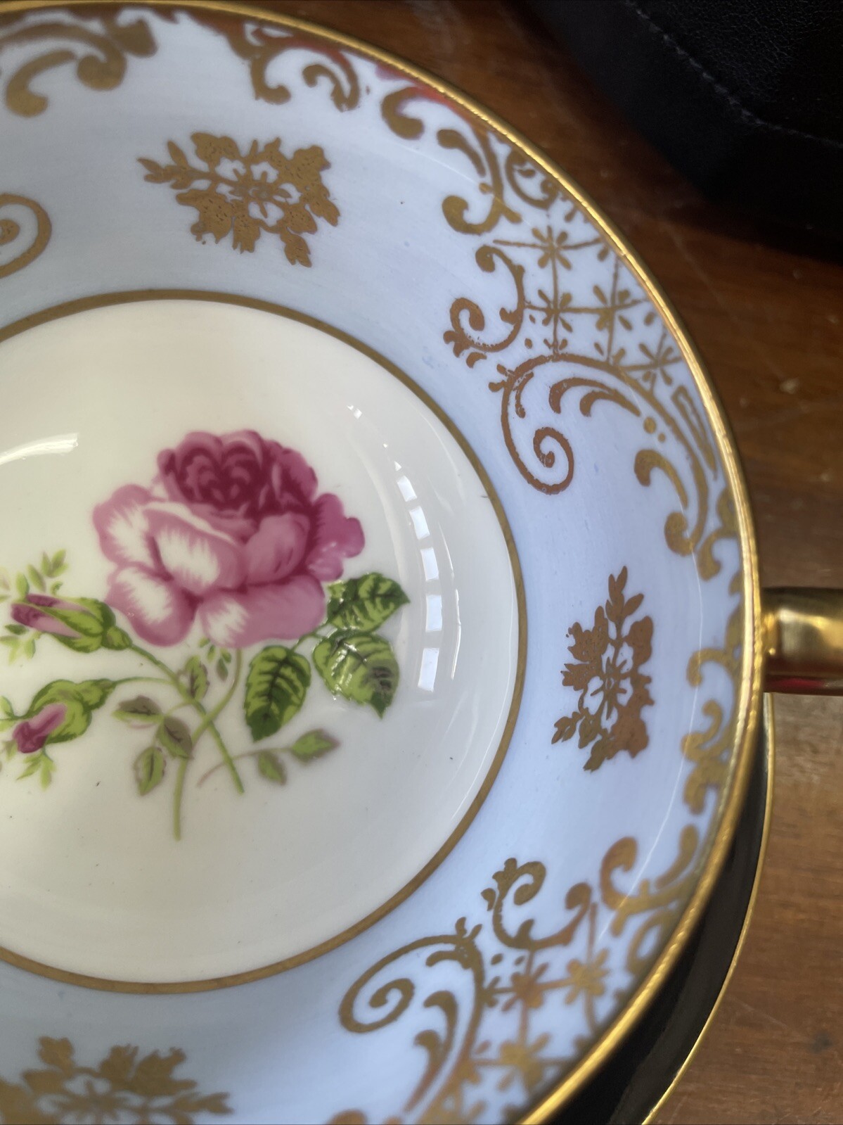 Antique Rare English Windsor Black Gilded Floating Rose Teacup & Saucer Set