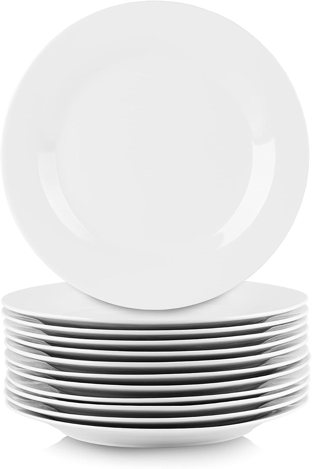 Timeless Ceramic Dinnerware: Set of 12 10.5″ Round White Plates for Home Dining