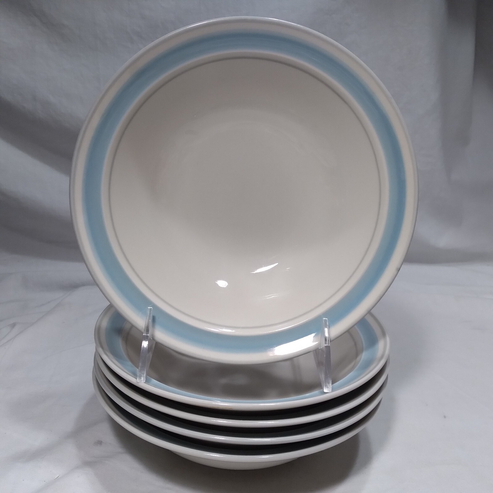 Stoneware Cereal Bowls Beige Blue Stripe 7″ set of 5
