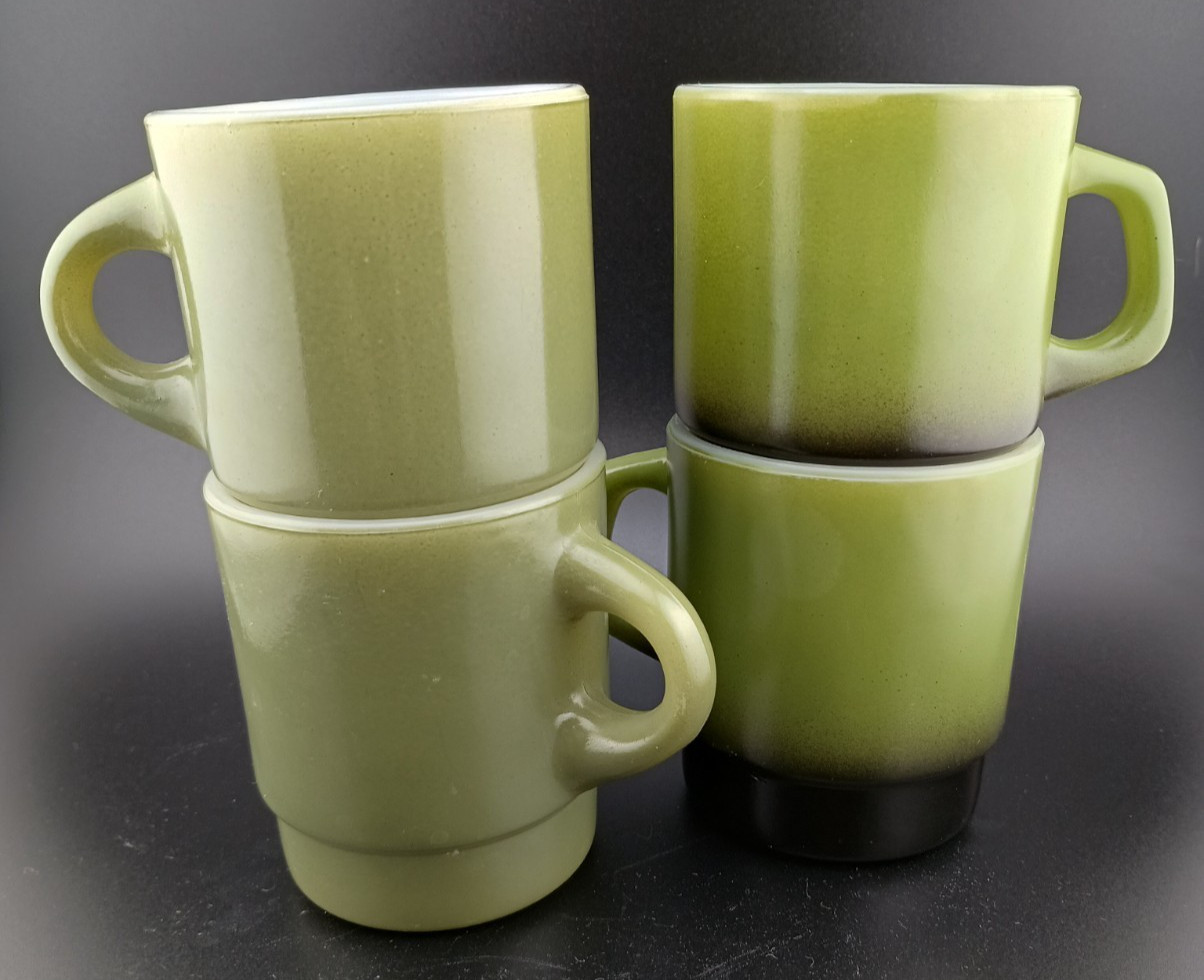 4 Olive Green Fire King Glass Coffee Tea Mugs Stackable 2 w Black 1970s Style