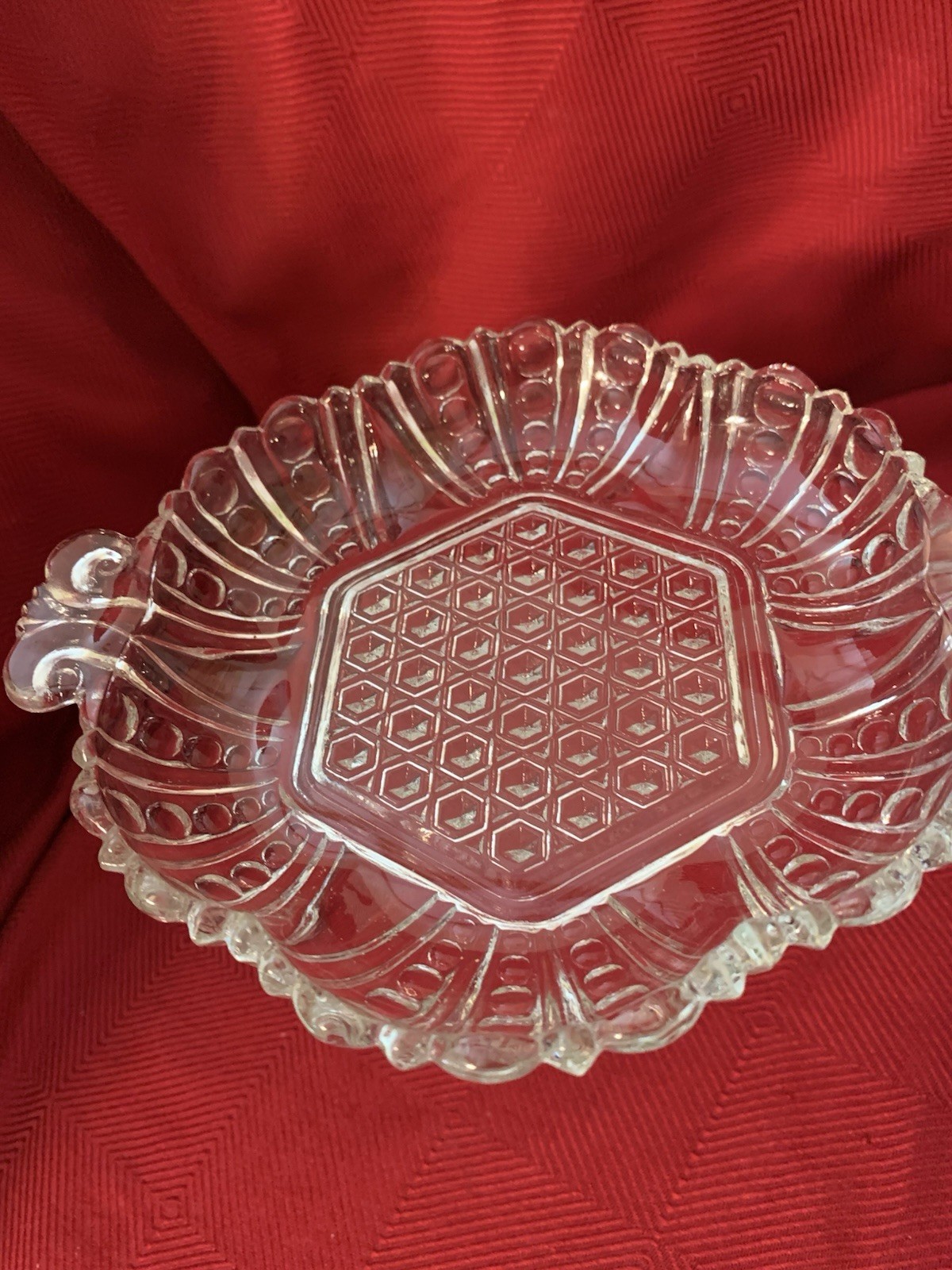Anchor Hocking Clear Glass Vintage Dish with Hexagon and Dot & Cane Pattern 7.5”