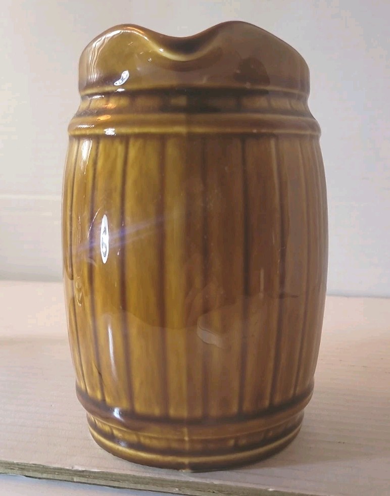 Vintage Uhl Pottery Rustic Brown Barrel Pitcher Stoneware Flaw / Planter Decor