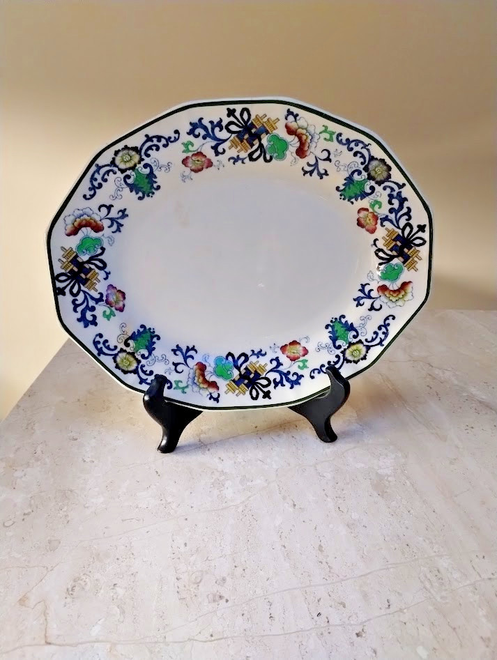 Antique Royal Doulton Burslem Nankin Oval Plate Floral/Sacred Scrolls 11.5x 9.25